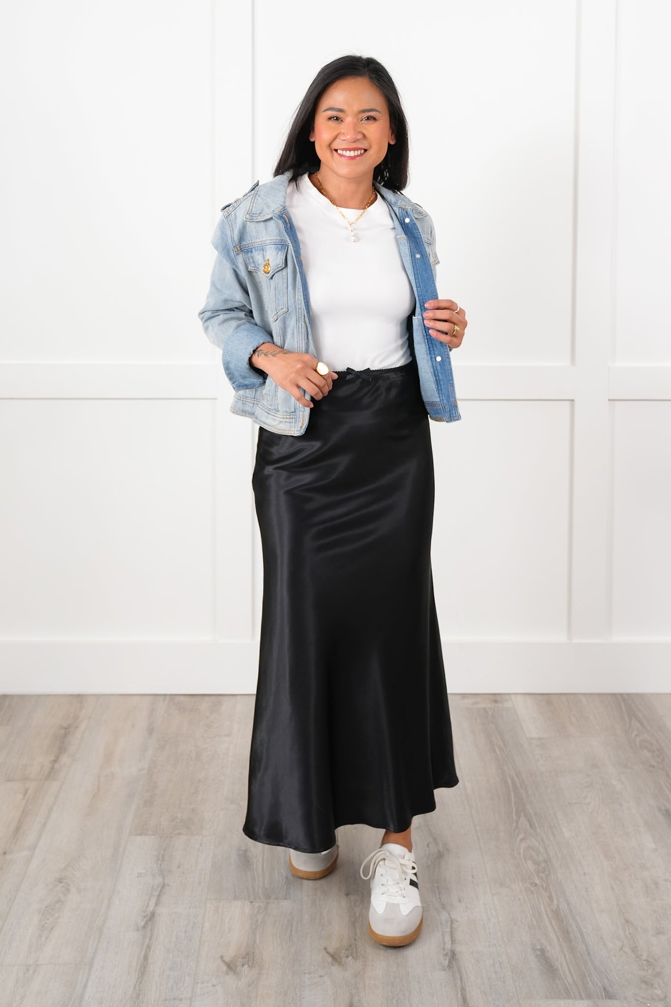 Black Satin A-Line Midi Skirt with Side Zipper
