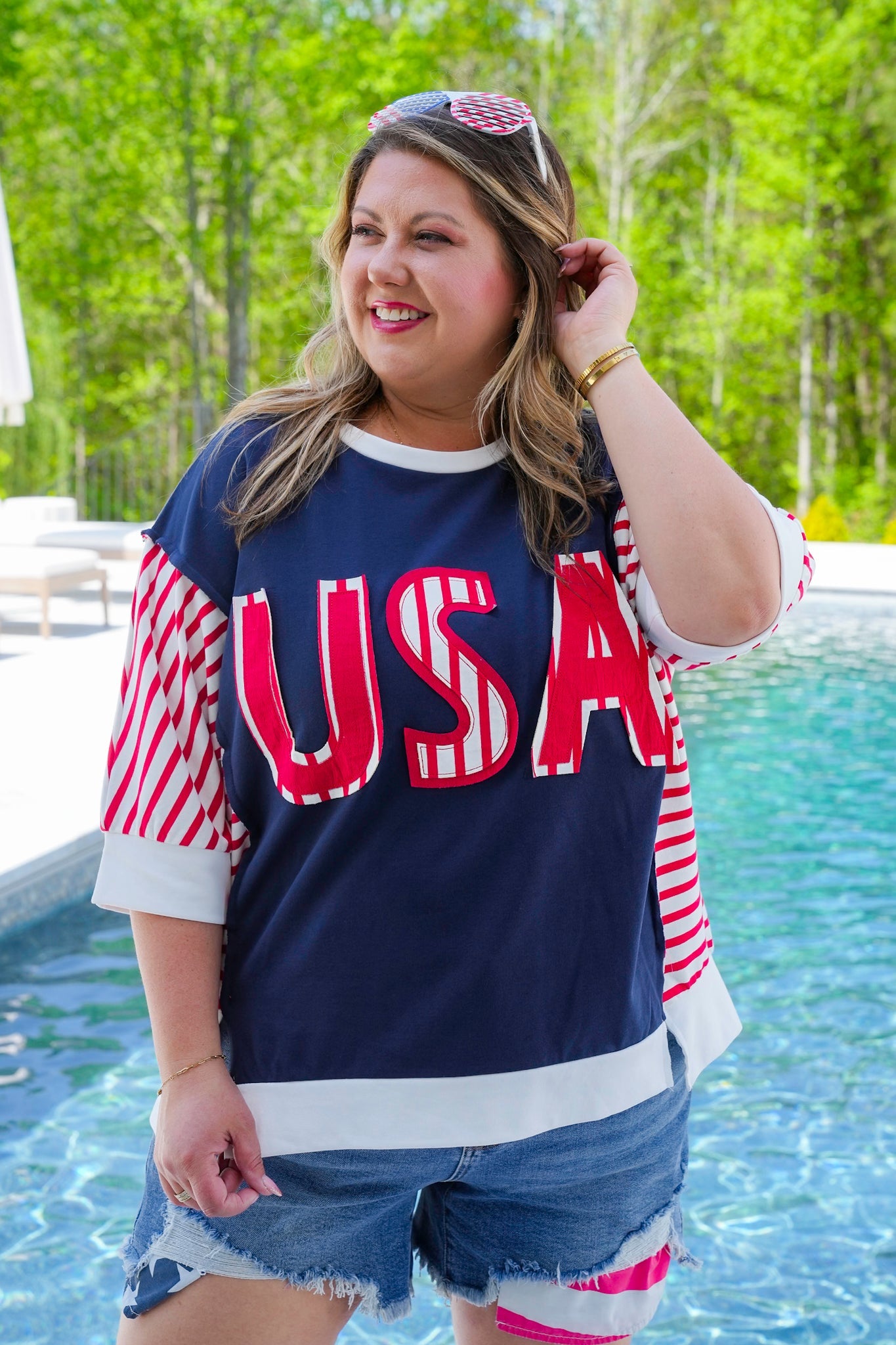 Restock! USA Lettering Patchwork Short Sleeve Pullover Top