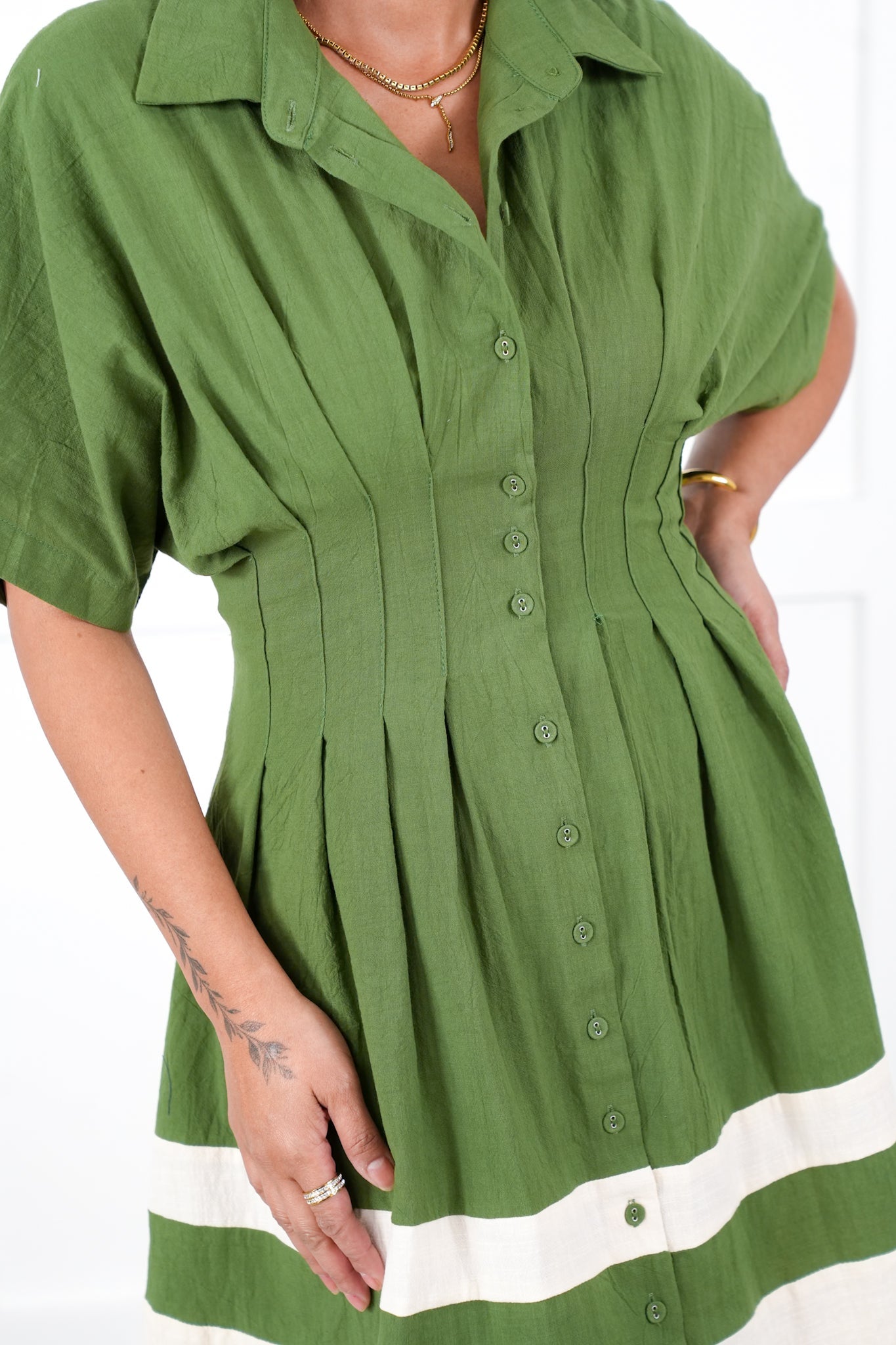 Color Block Short Sleeve Button Down Midi Dress
