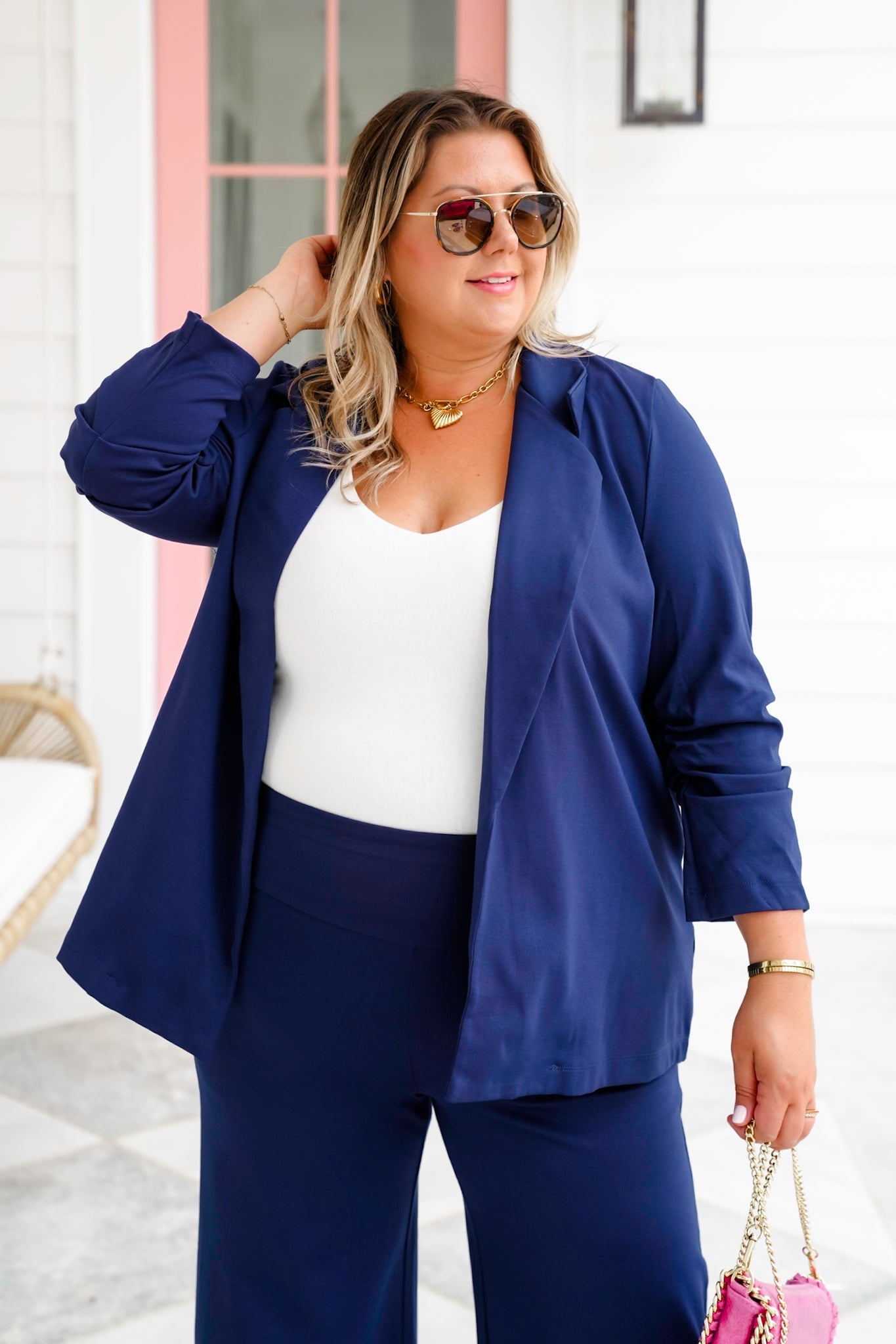 Door Buster! Plus/Reg Solid 3/4 Sleeve Open Blazer with Pockets