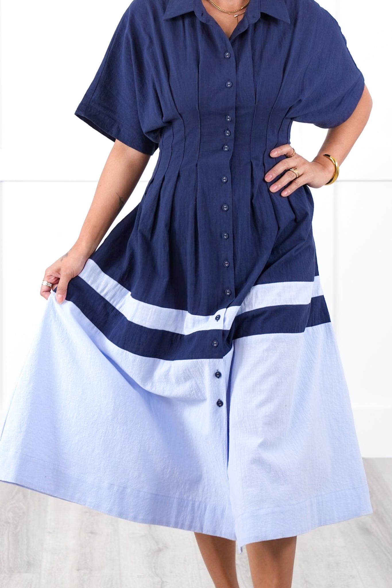 Color Block Short Sleeve Button Down Midi Dress