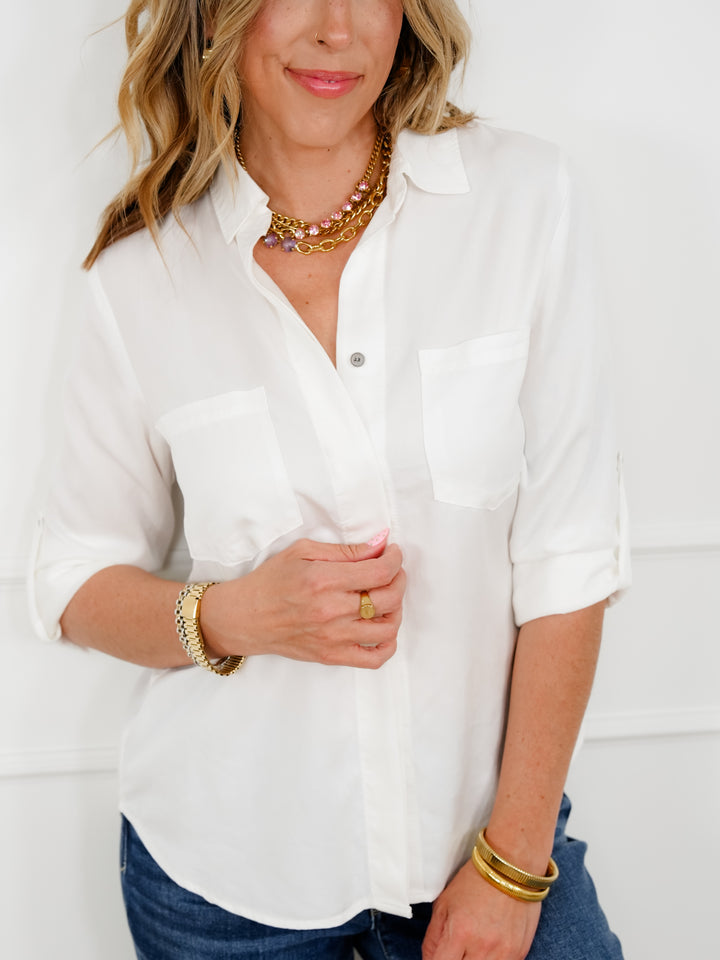 Solid Long Sleeve Button Down Collared Top