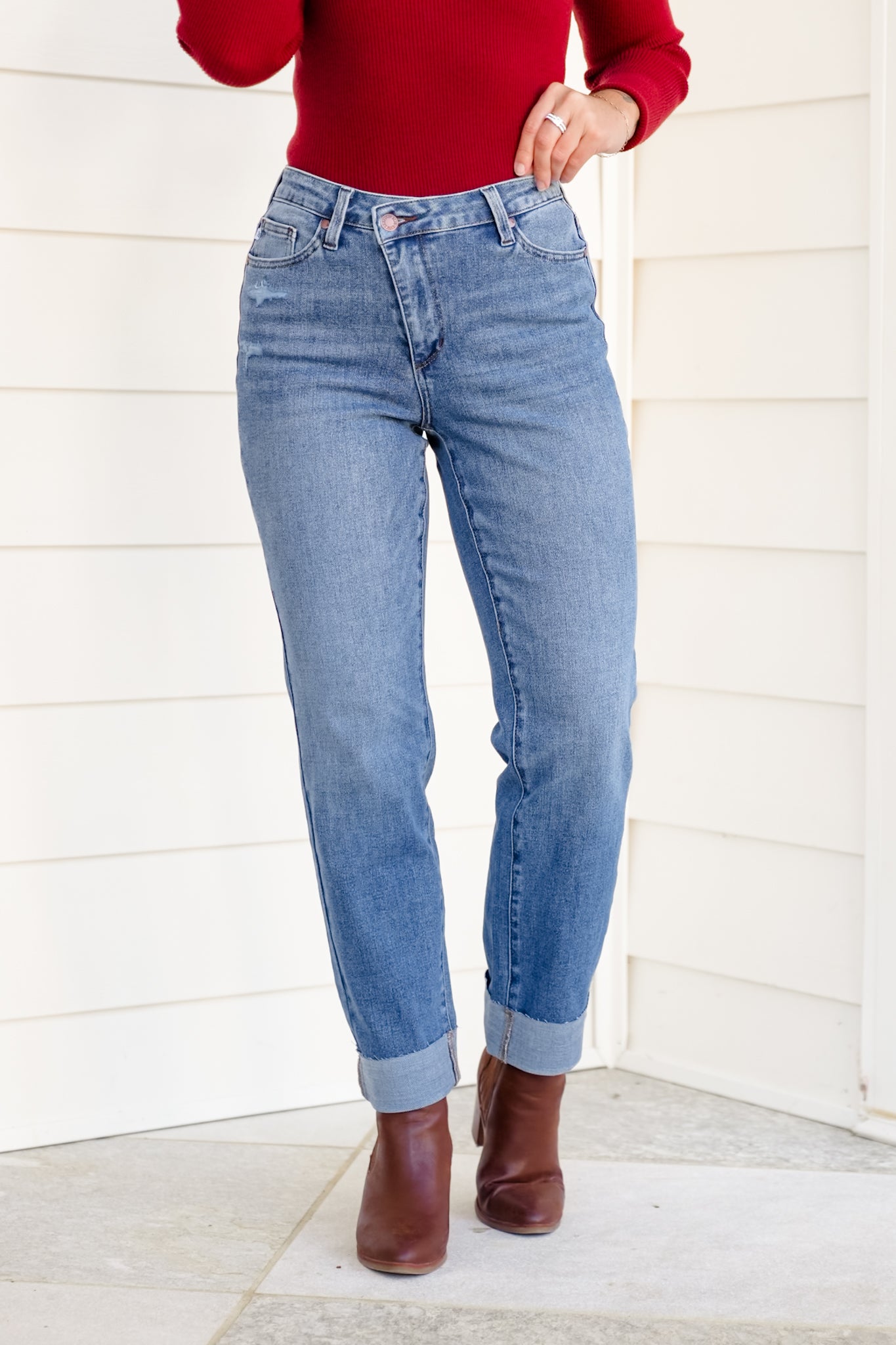 Judy Blue High Rise Medium Wash Distressed Criss-Cross Cuffed Boyfriend Jeans
