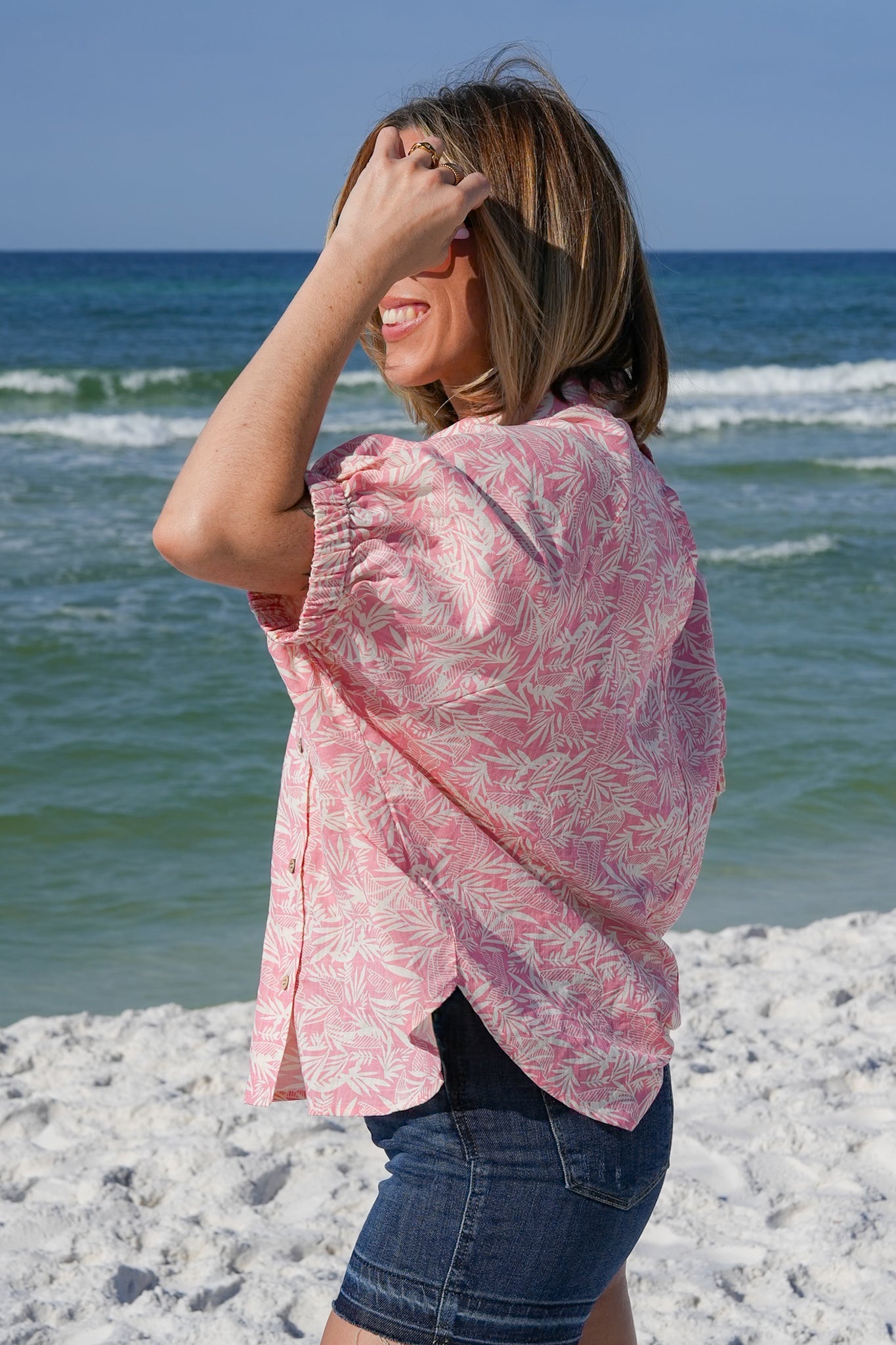 Tropical Print Short Doman Sleeve Button Down Top with Back Cut Out Detail