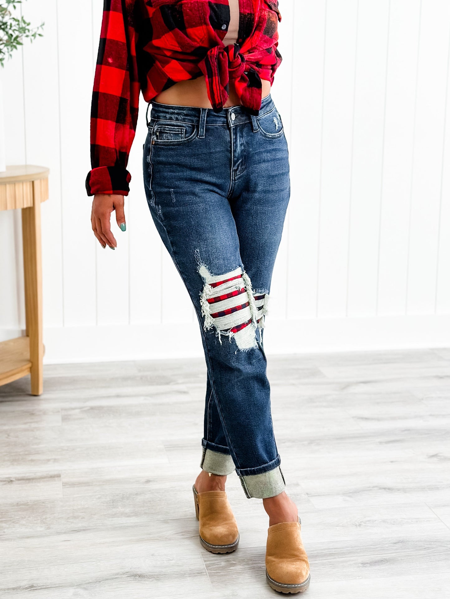 Judy Blue Warm and Cozy Mid Rise Dark Wash Boyfriend Buffalo Plaid Knee Destroy Patches With Cuff Jeans