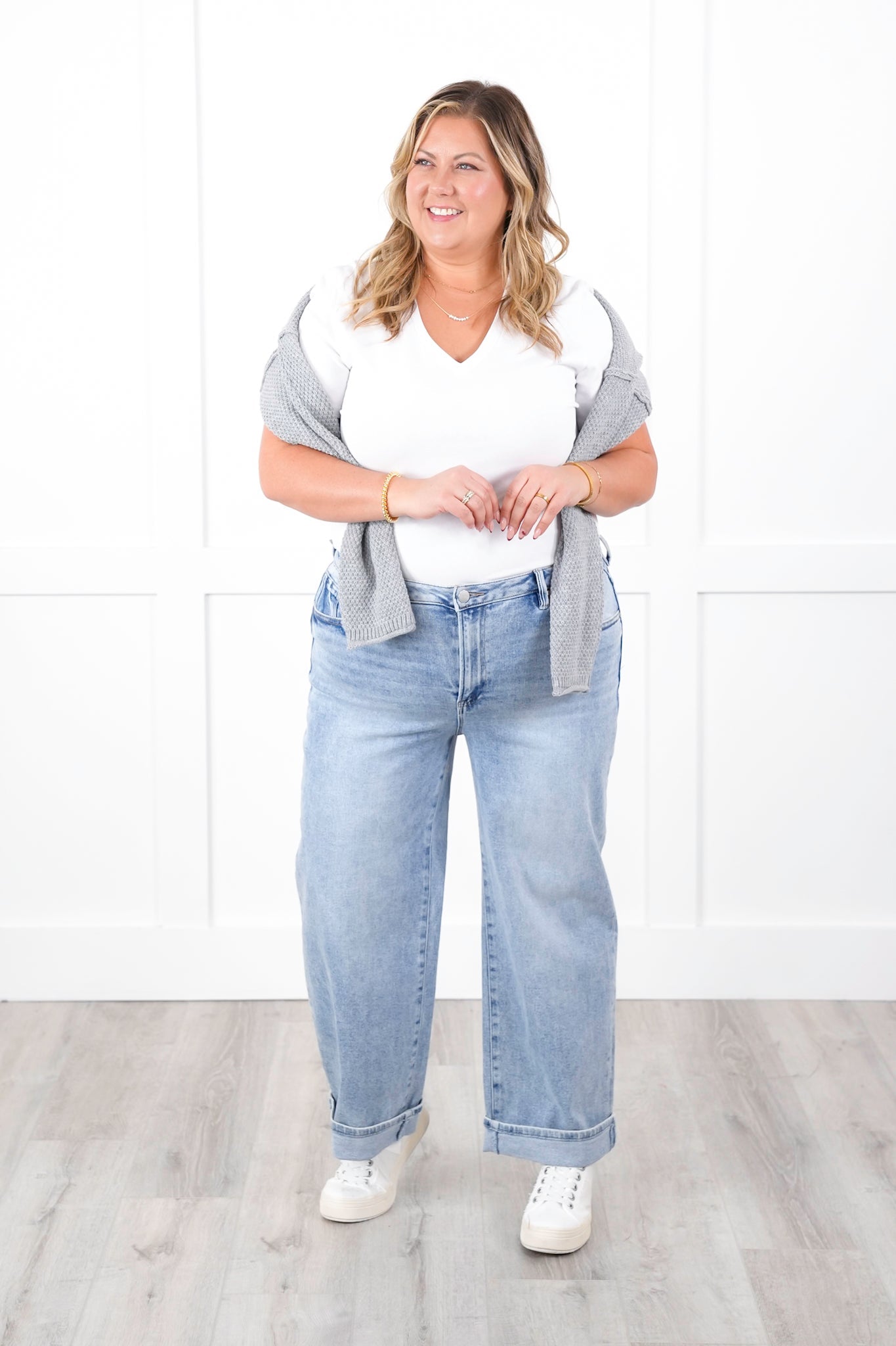 Risen High Rise Light Wash Ankle Barrel Jeans with Cuff