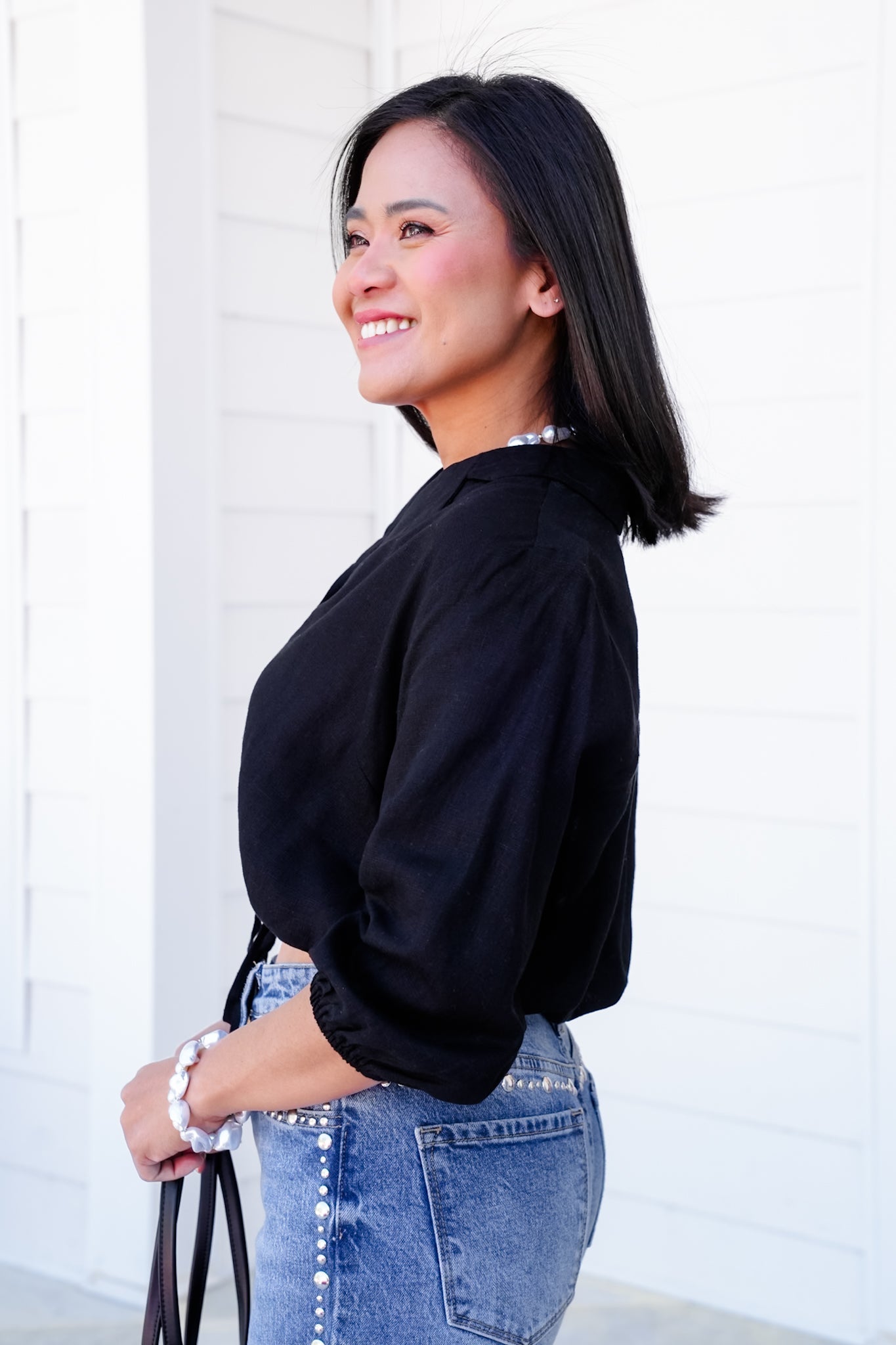 Black Linen Blend 3/4 Sleeve Button Down Crop Top with Drawstring Detail
