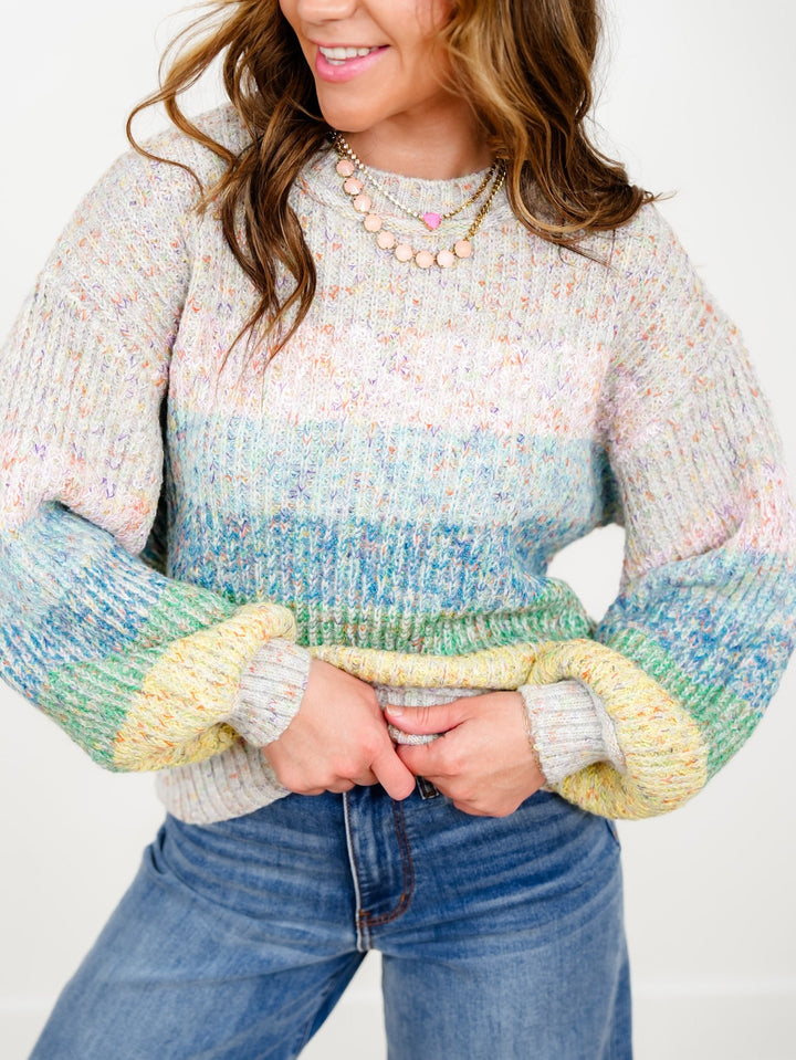 POL Rainbow Stripe Long Sleeve Pullover Sweater - Freckled Poppy