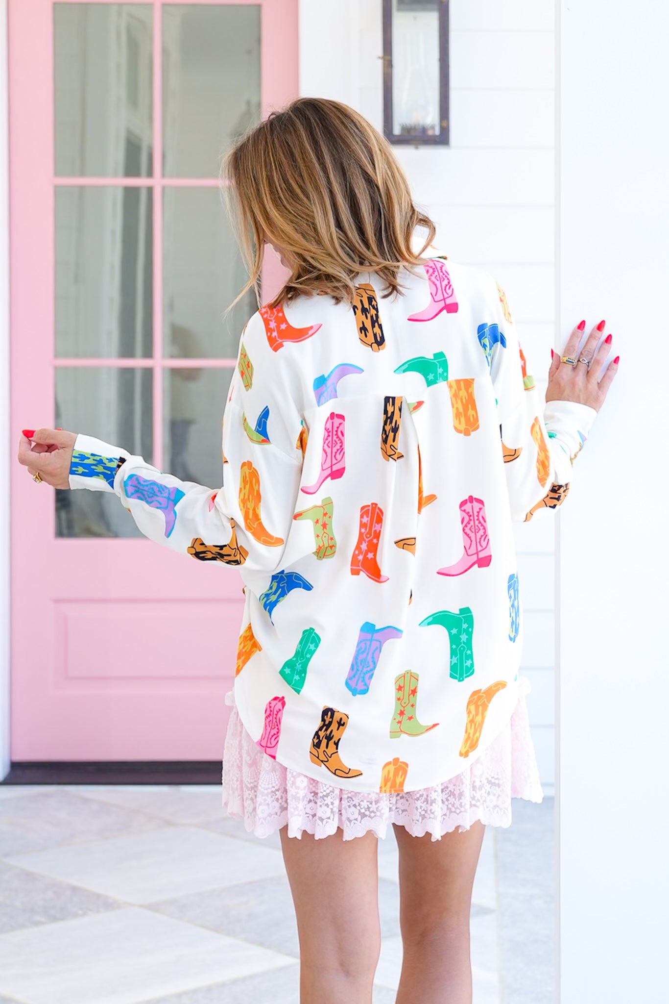Cowboy Boot Print Long Sleeve Button Down Top