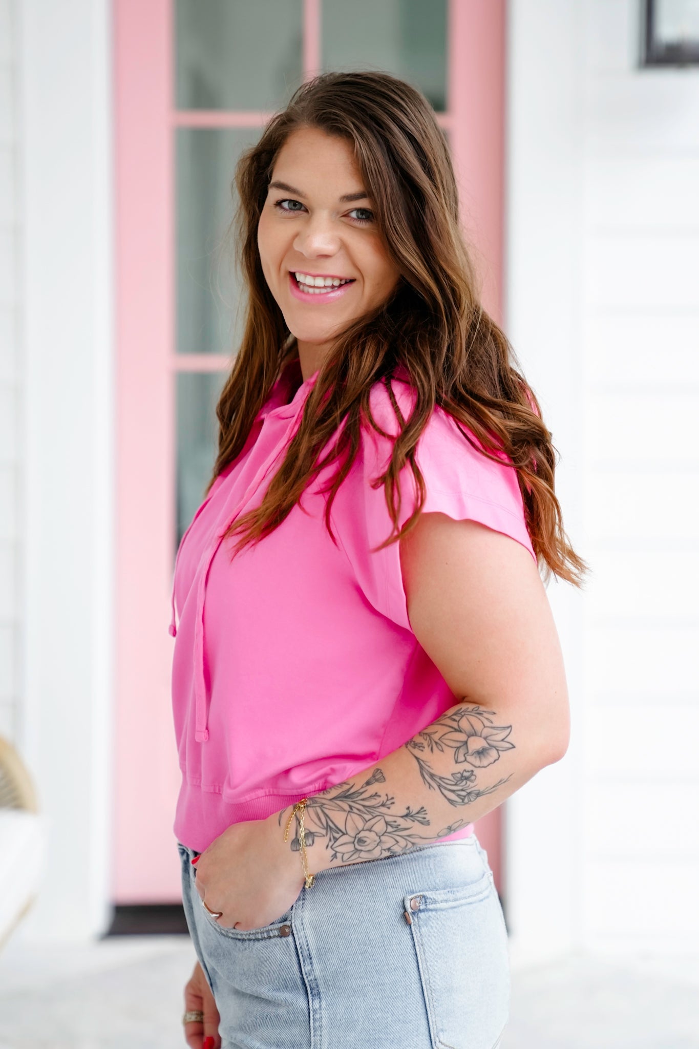 Plus/Reg Cotton Blend Short Sleeve Hoodie Top