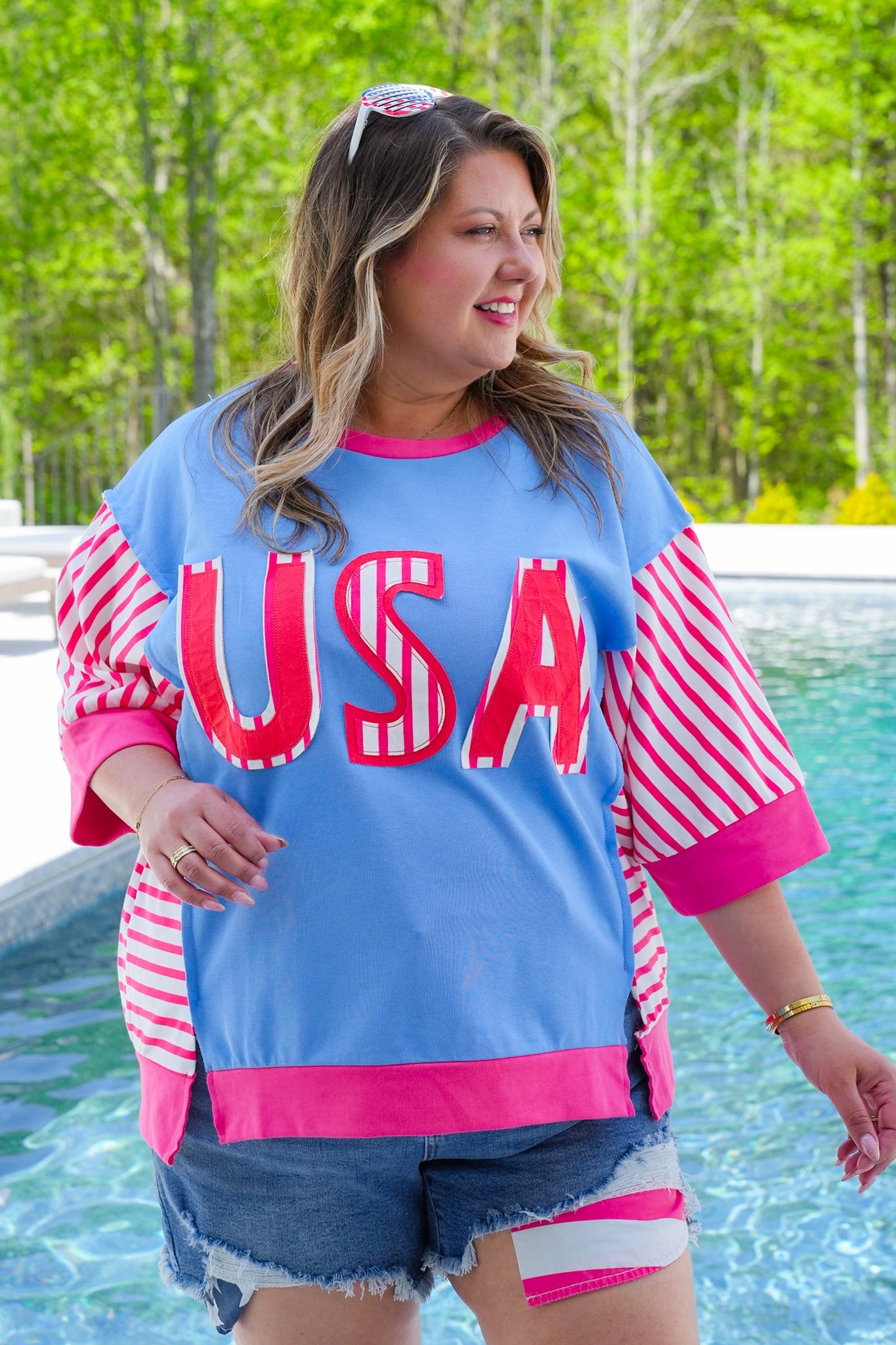 Restock! USA Lettering Patchwork Short Sleeve Pullover Top