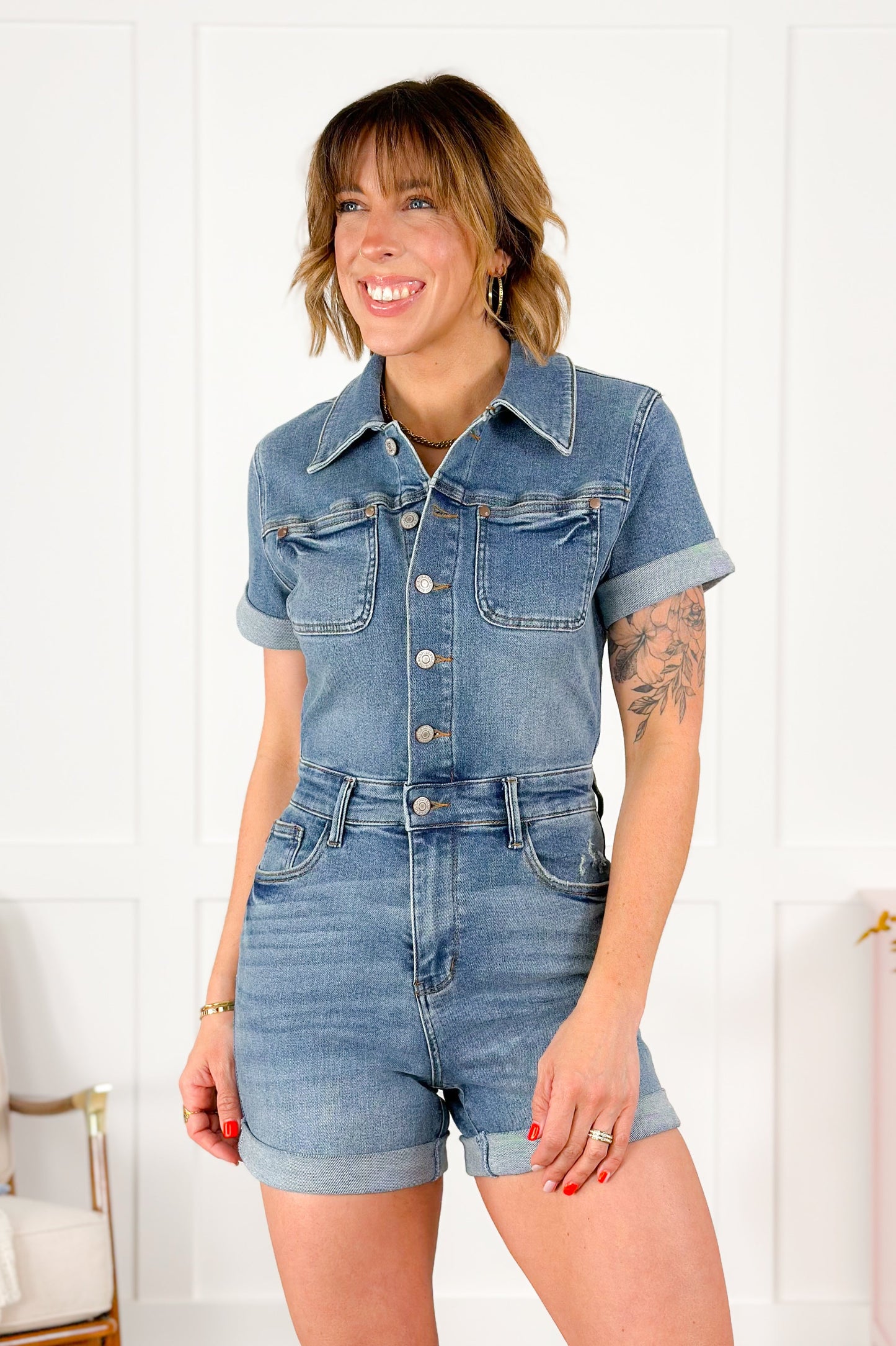 Plus/Reg Wildflower Judy Blue Denim Short Sleeve High Waist Romper