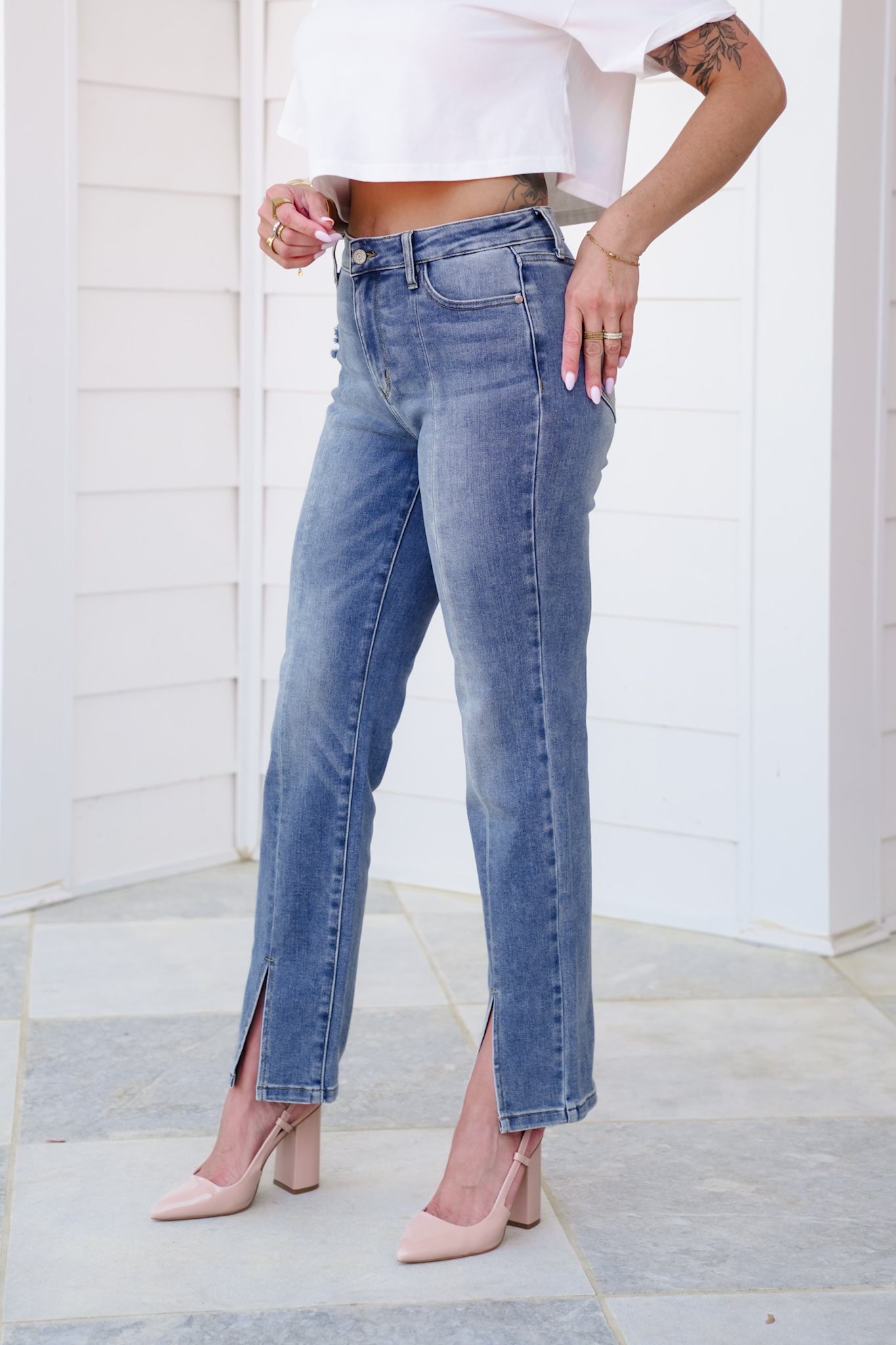 Judy Blue High Rise Medium Vintage Wash Straight Leg Jeans with Front Seam and Slit
