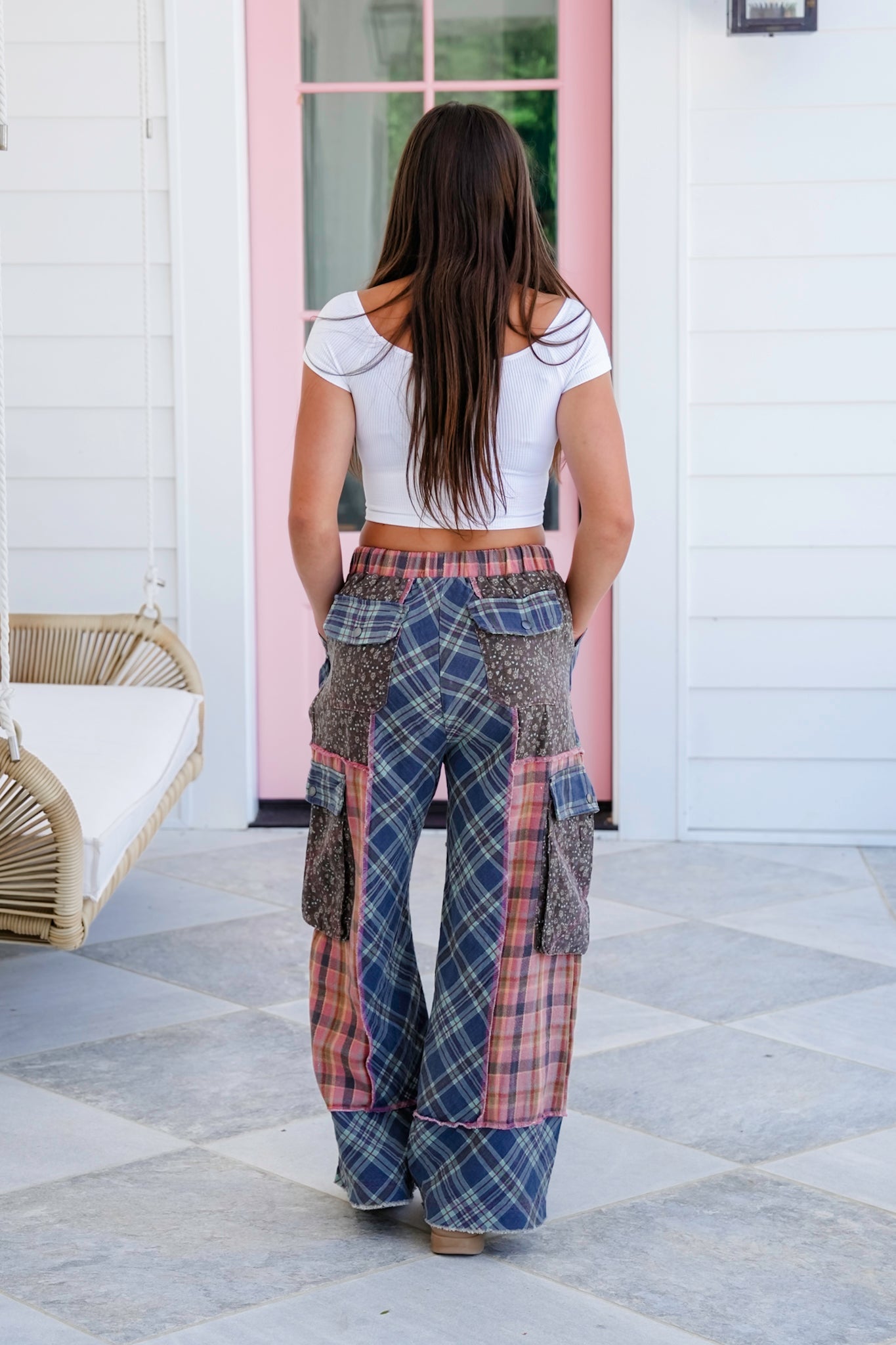 POL Plaid and Floral Elastic Waist Cargo Pants