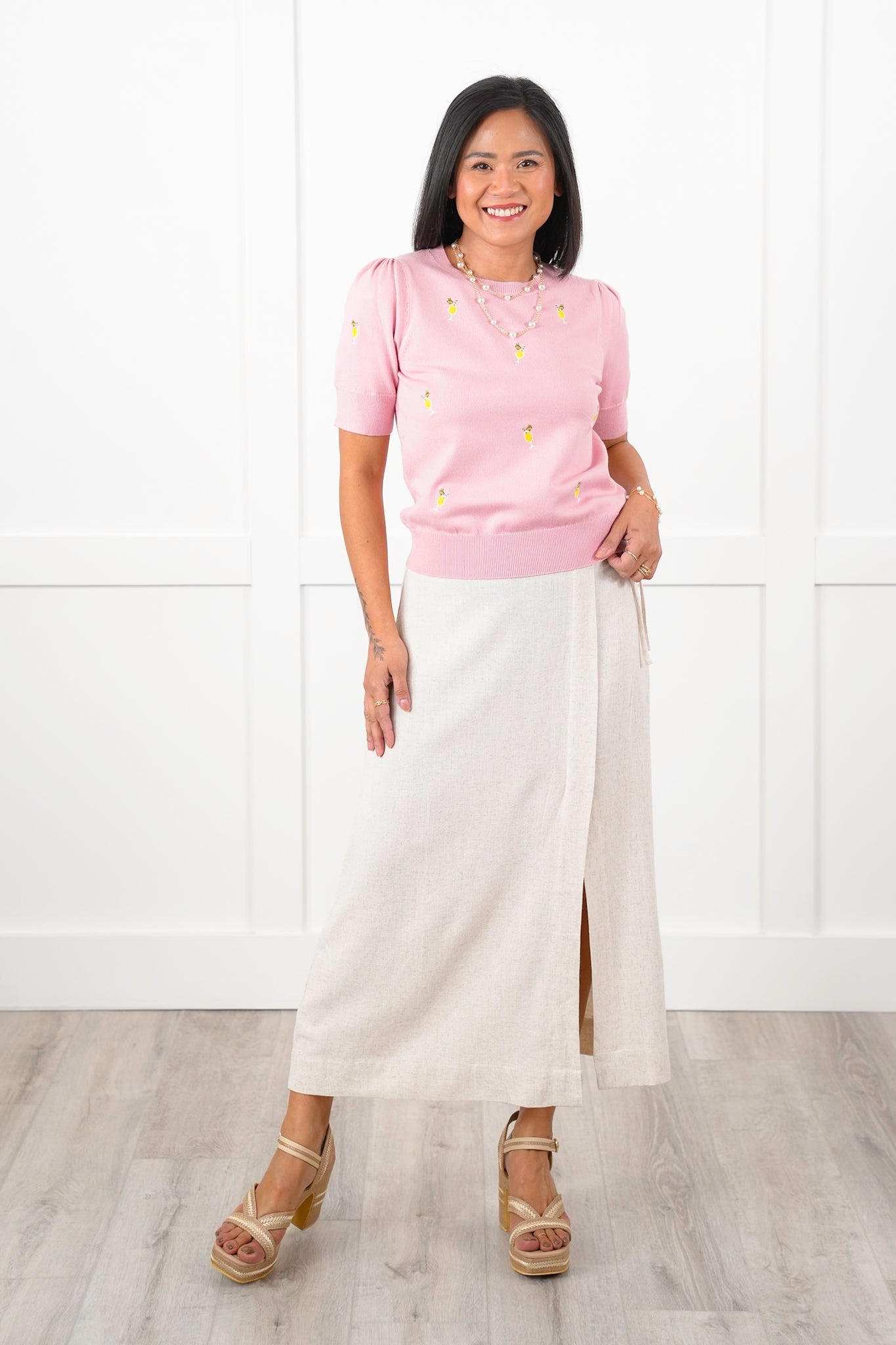 All Over Embroidered Tropical Drink Short Sleeve Knit Top