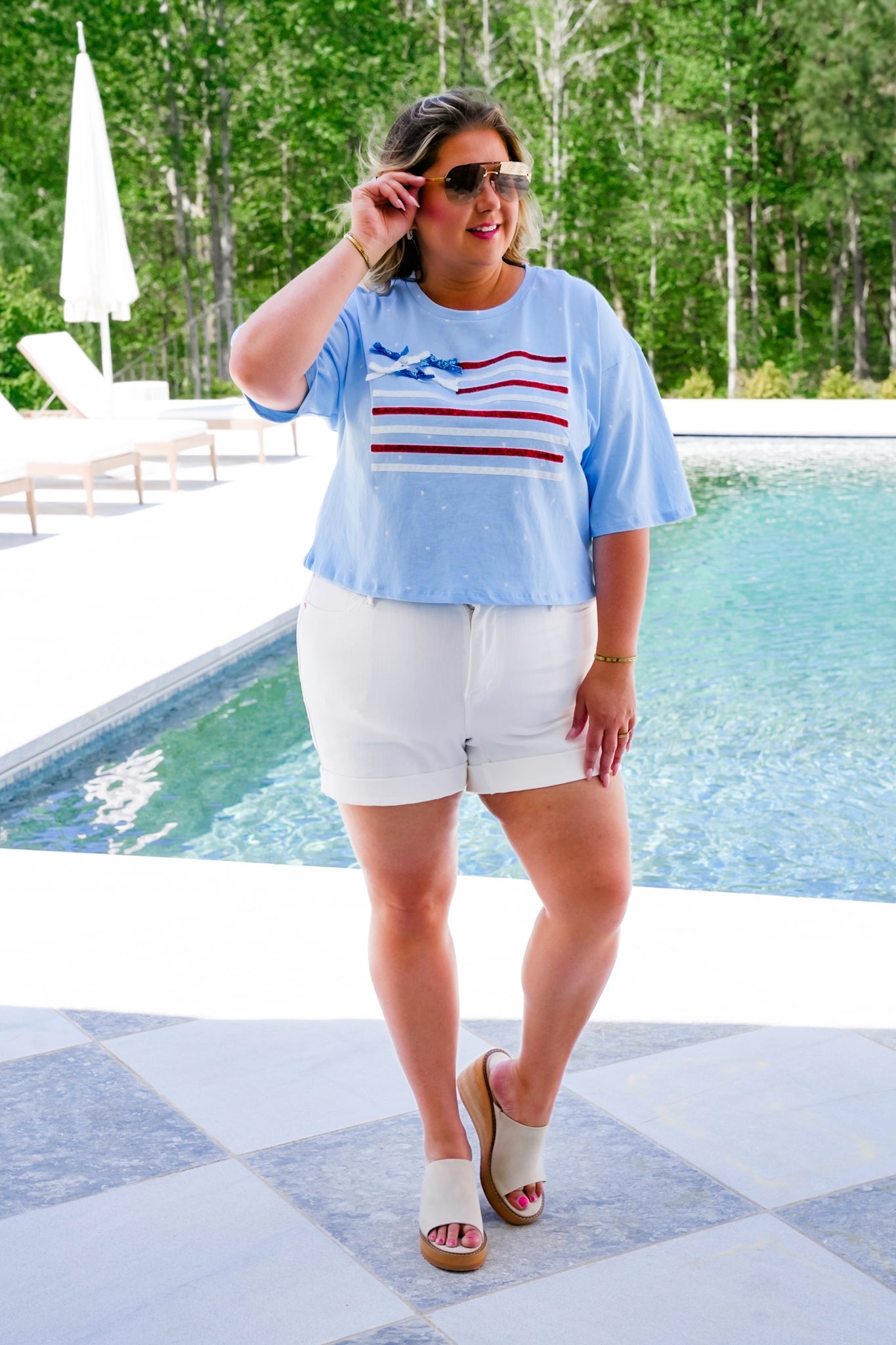 Short Sleeve Ribbon American Flag Top with Bow Detail