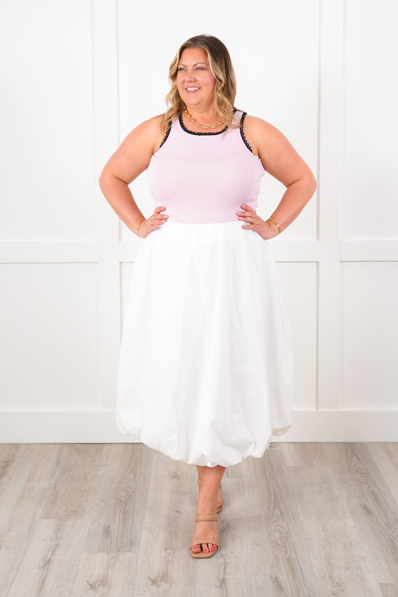 Light Pink Knit Tank Top with Lace Detail