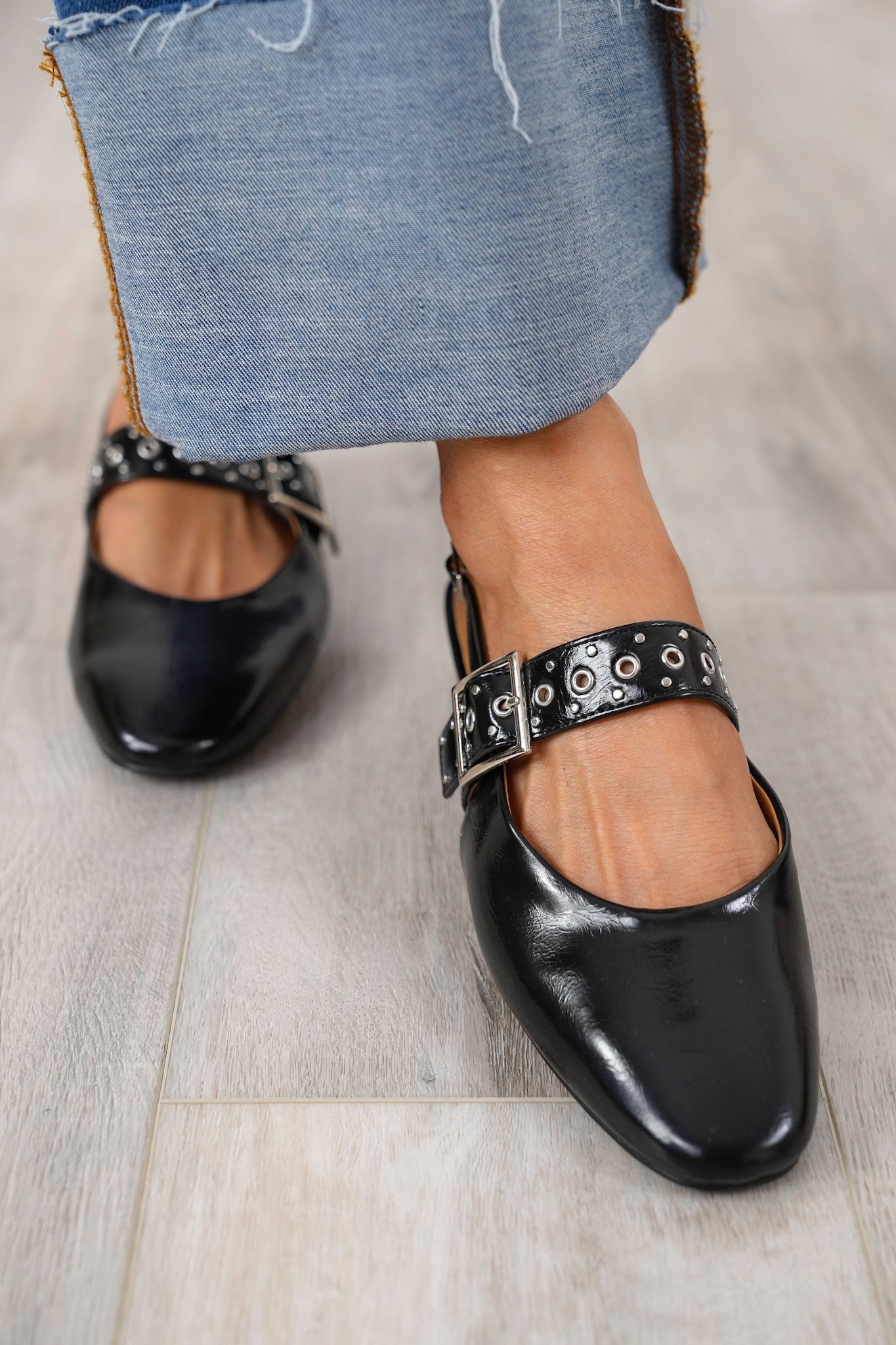 Pointed Toe Slingback Flats with Studded Buckle Strap Detail