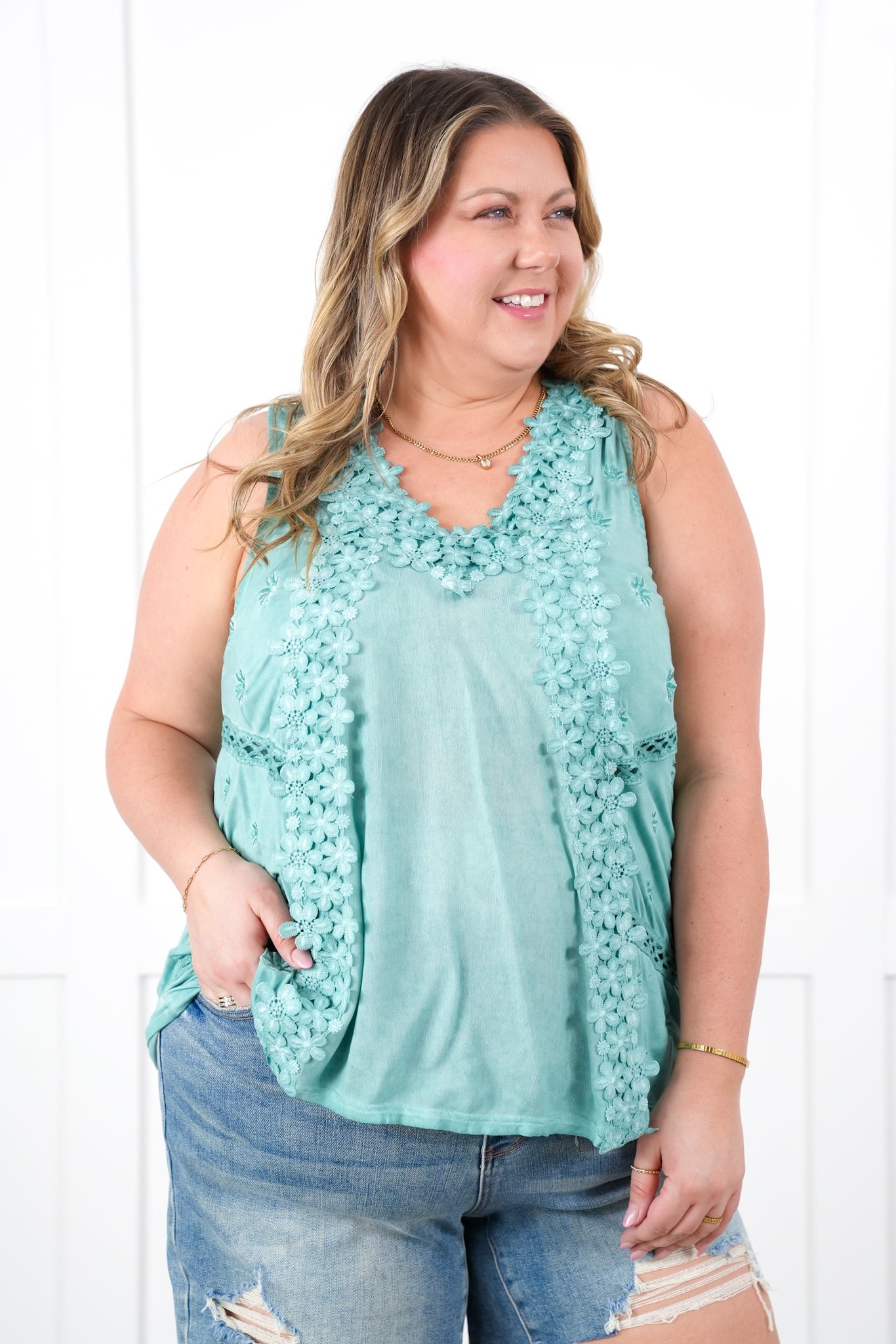 Restocks! POL Sleeveless Tank Top with Floral Embroidery Detail