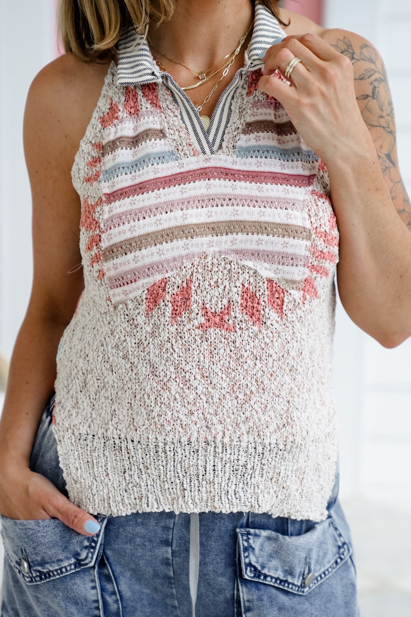 POL Print Sleeveless Split Neck Sweater with Stripe Detail