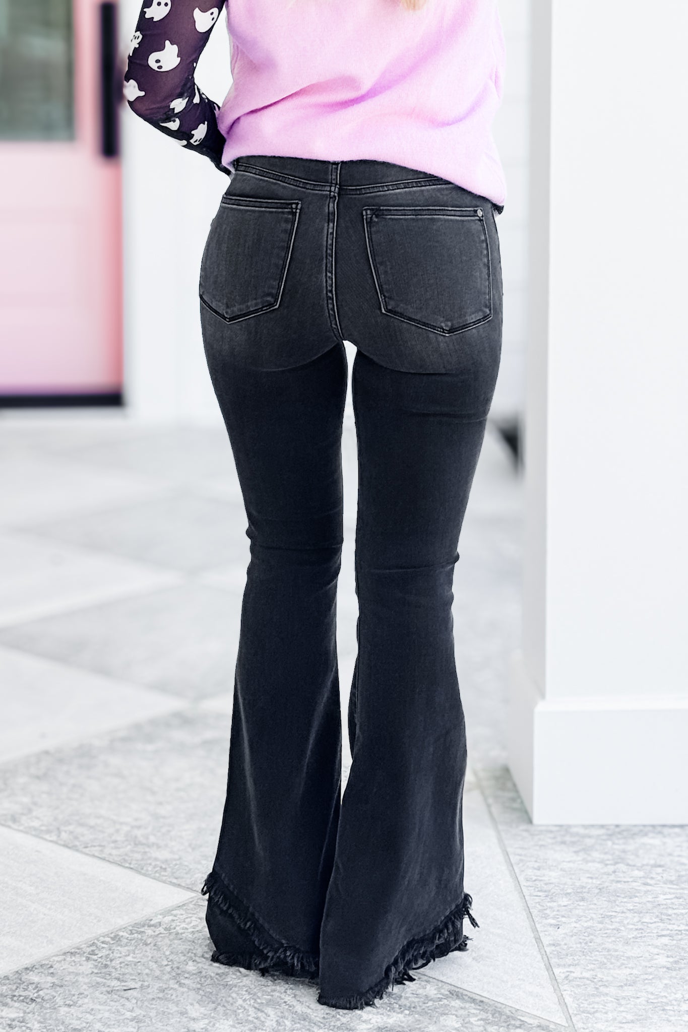 Judy Blue High Rise Black Mock Fray Tulip Hem Flare Jeans