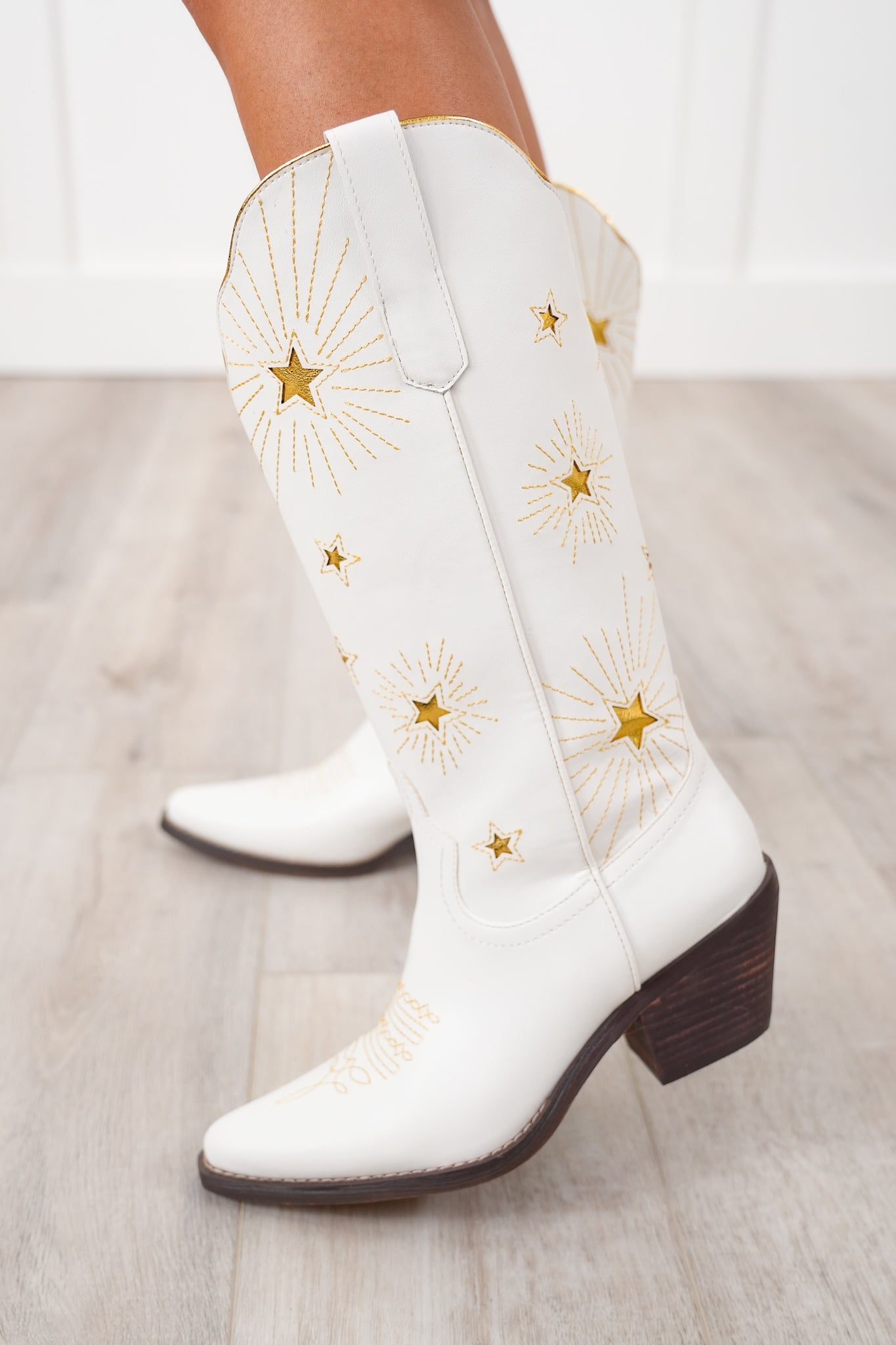 Western Knee High Heeled Boot with Star Cutout Accents