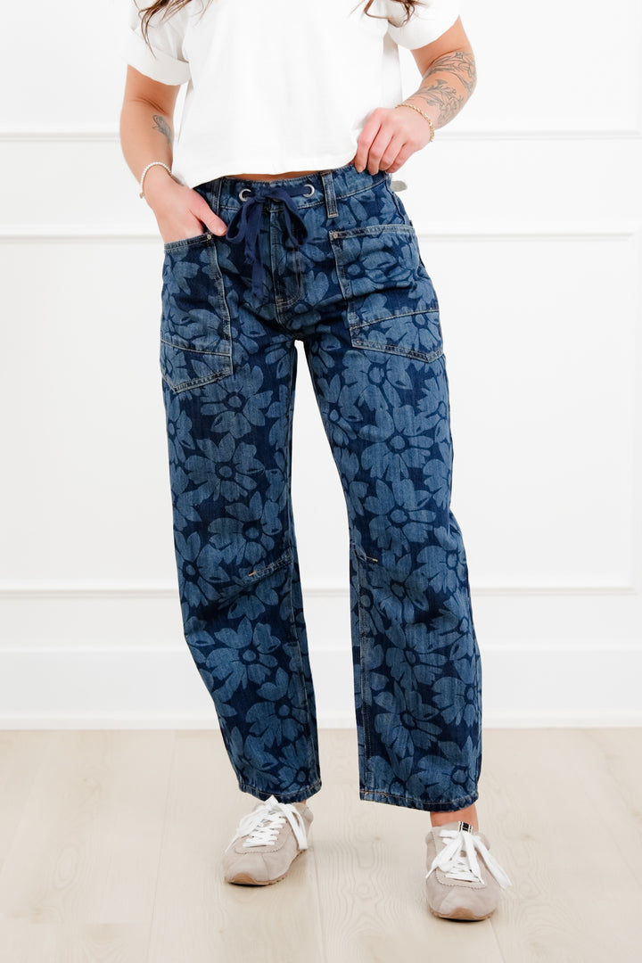 Risen Mid Rise Dark Wash Floral Relaxed Barrel Jeans