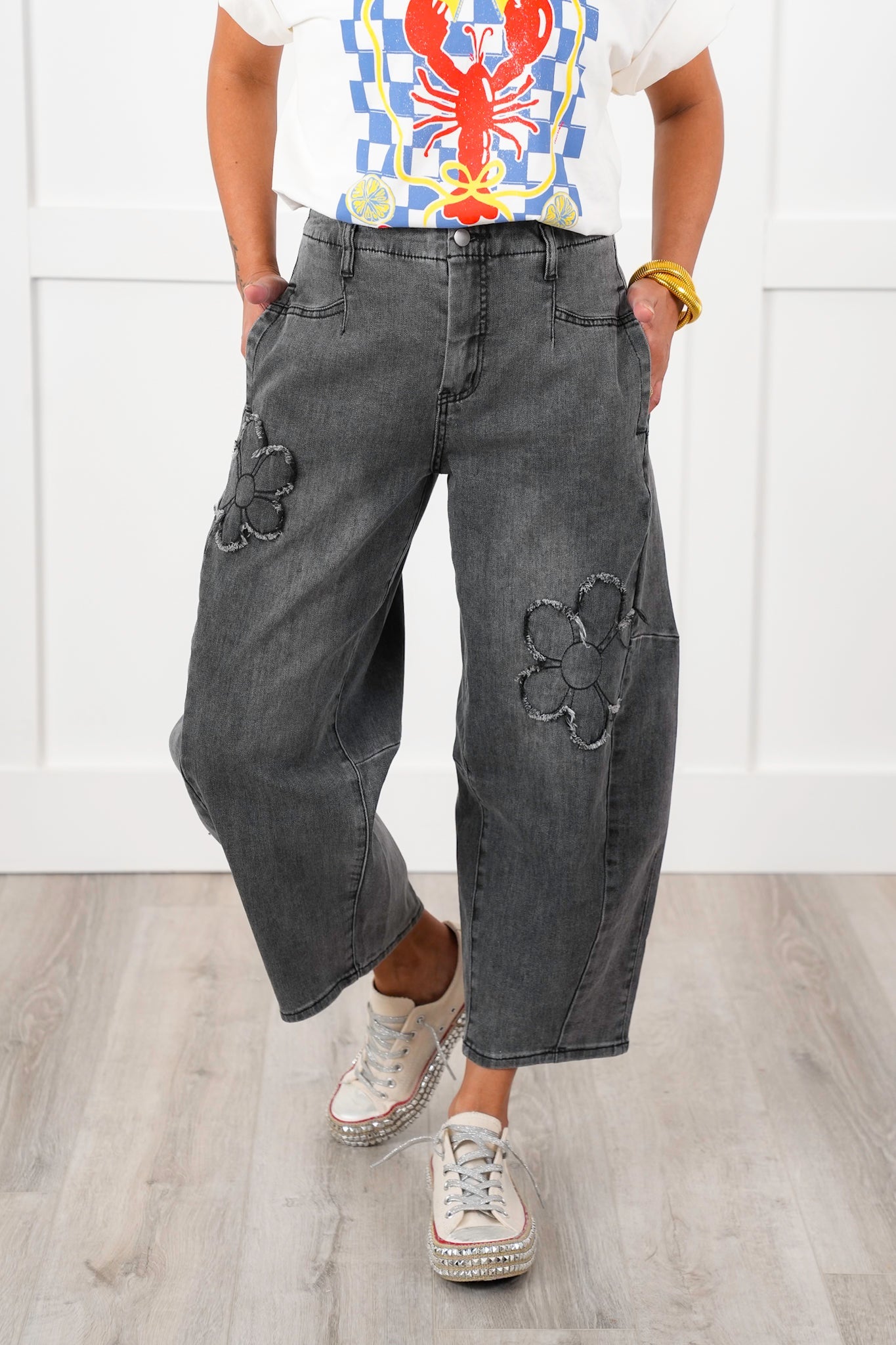 Washed Denim Barrell Jeans with Flower Patch Detail