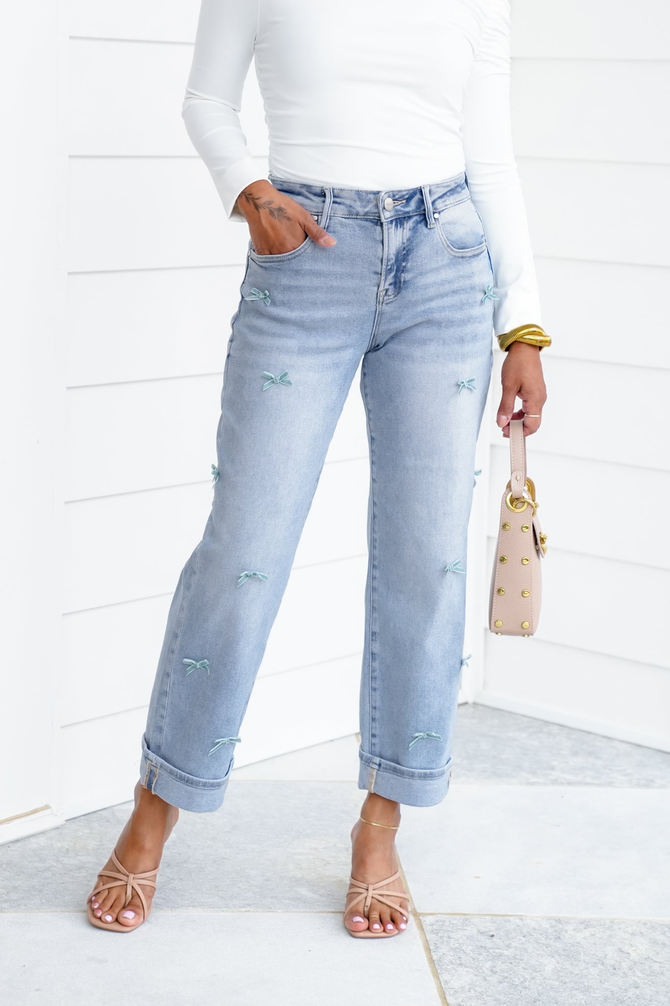 Risen High Rise Light Wash Crop Barrel Jeans with Bow Detail