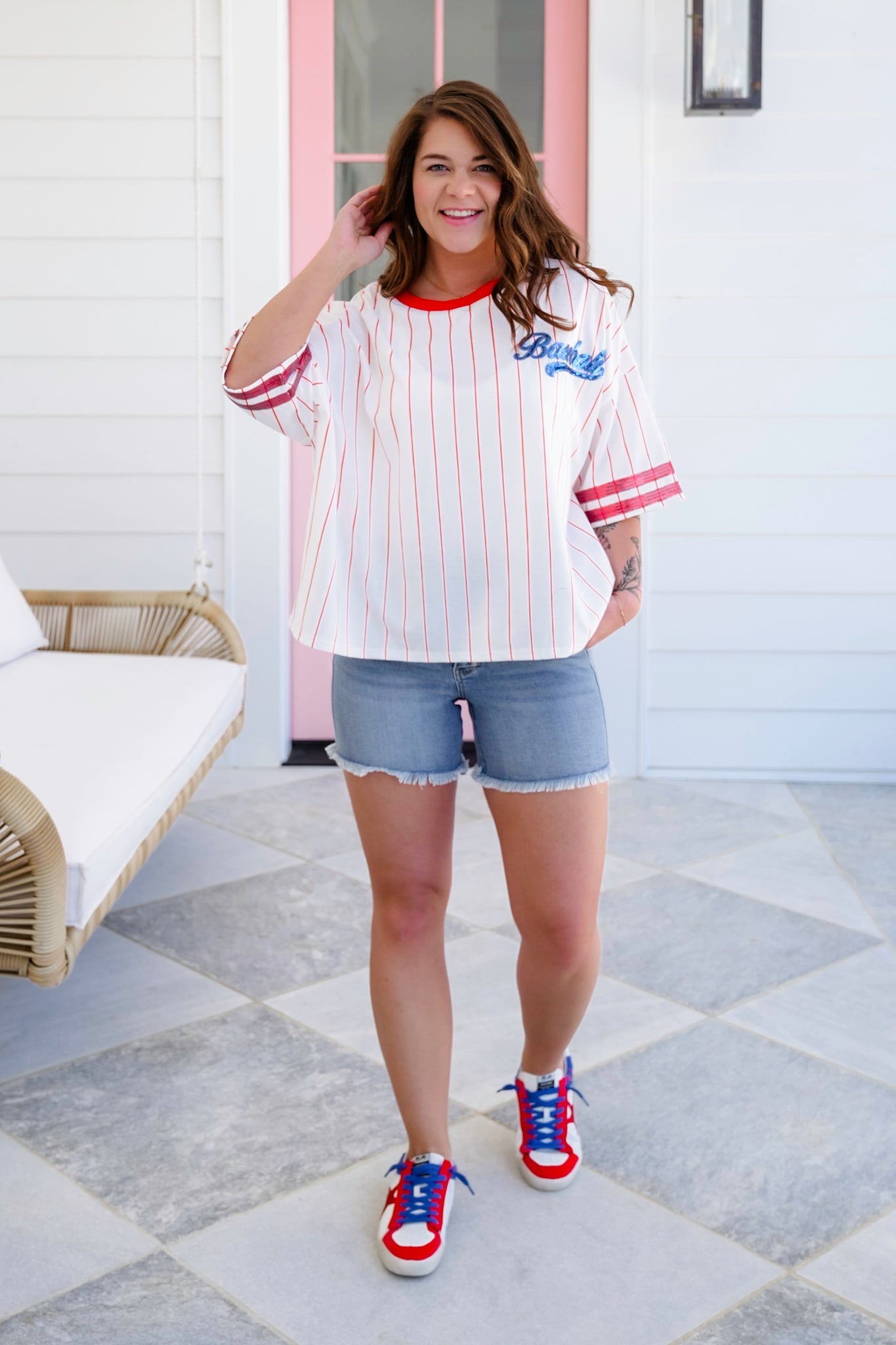 Stripe Short Sleeve Baseball Top with Sequin Detail