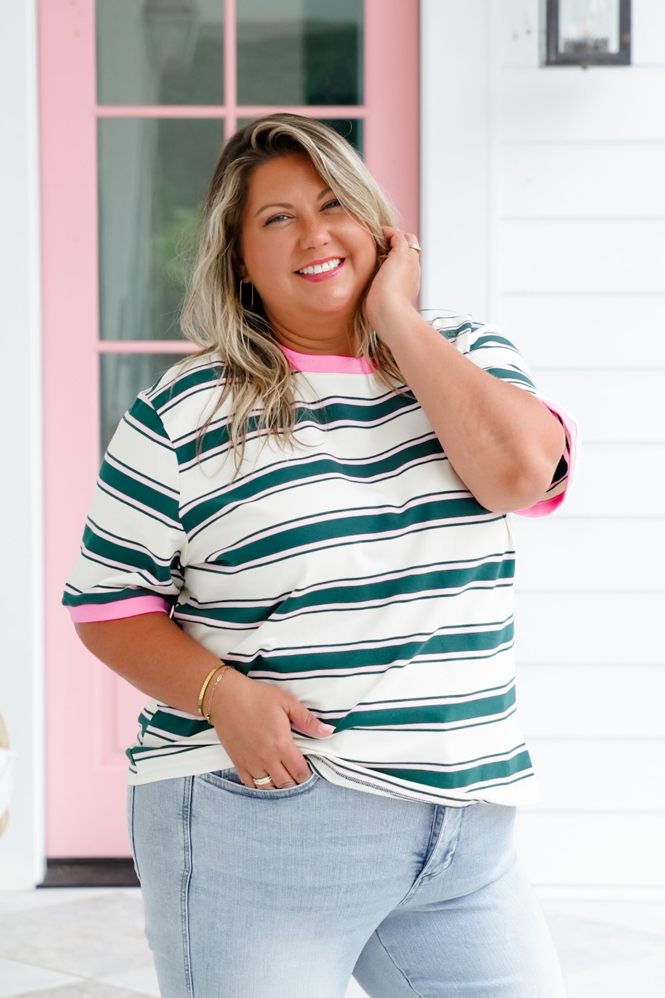 Plus/Reg Stripe Short Sleeve Top with Contrast Detail