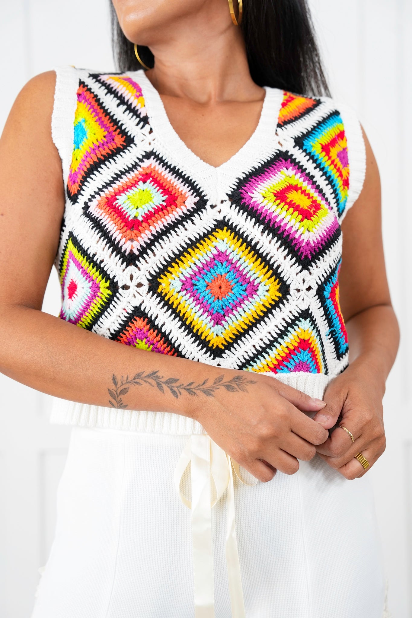 Granny Square Sleeveless V Neck Sweater Vest