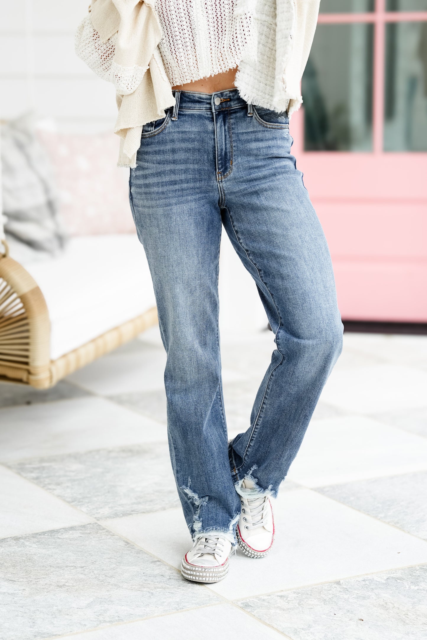 Judy Blue High Rise Medium Wash Distressed Straight Leg Jeans