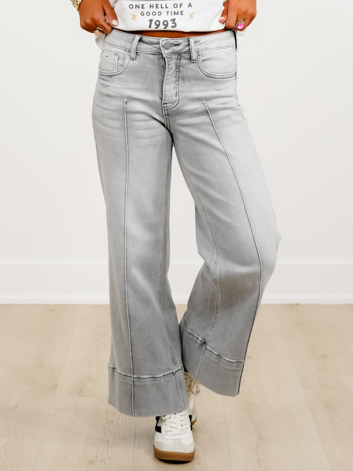Risen Mid Rise Grey Tummy Control Wide Leg Front Pintuck Jeans