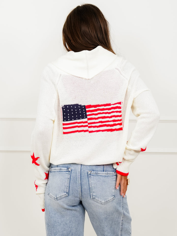 Long Sleeve Button Down Cardigan with American Flag Back