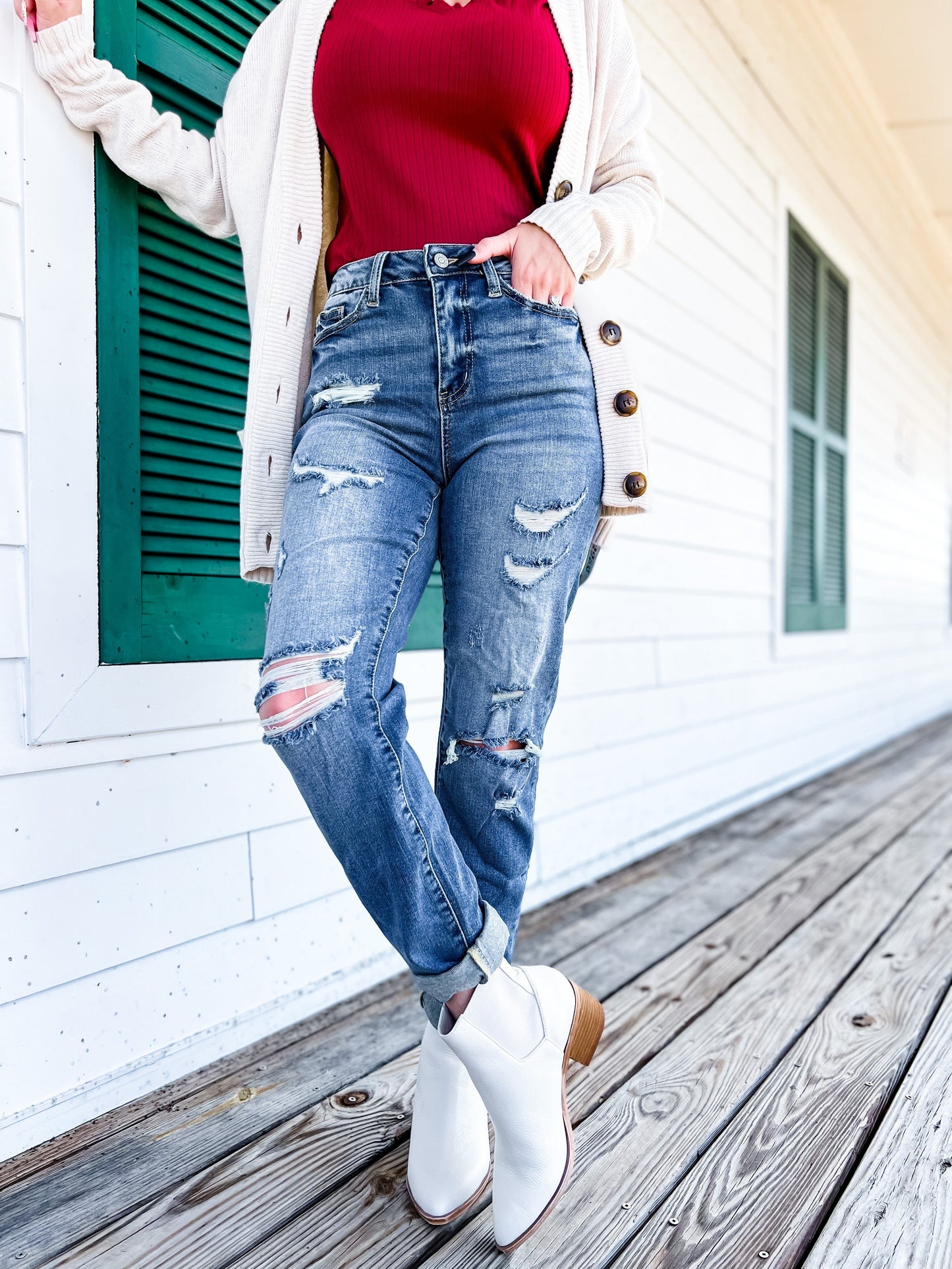 Judy Blue Boy Toy Light Wash High Rise Cuffed Boyfriend Distressed Jeans