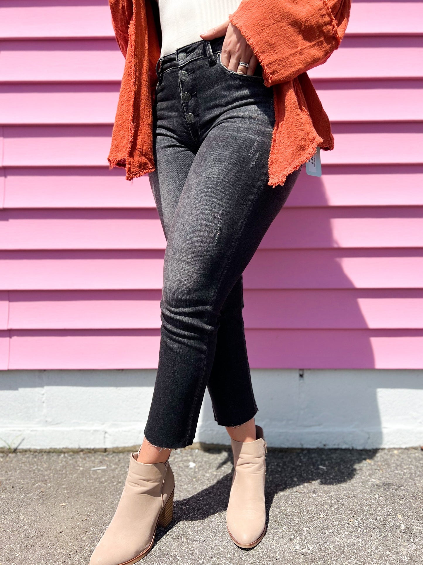 Risen Black Mid Rise Button Fly Relaxed Fit Skinny Jeans