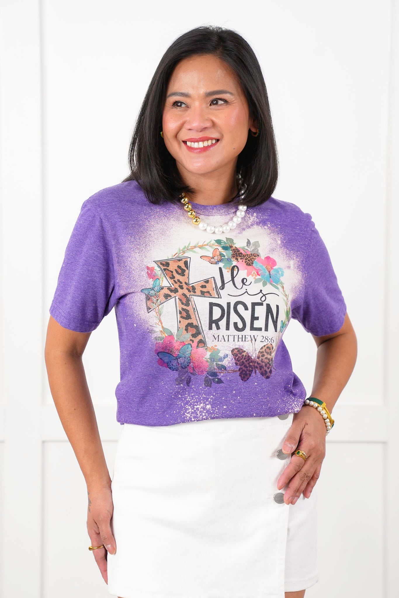 Plus/Reg Bleached Short Sleeve "He Is Risen" Graphic Tee