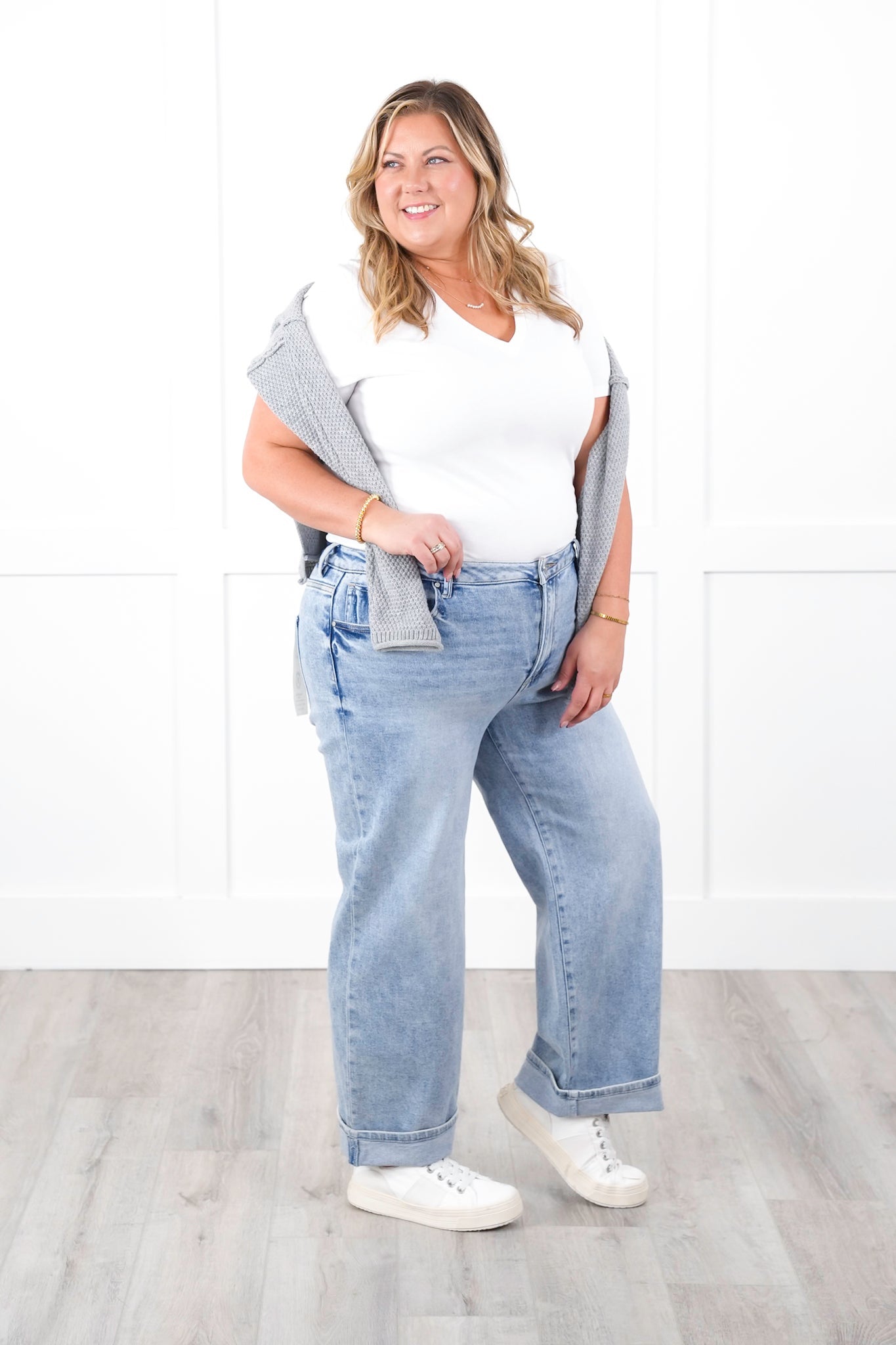 Risen High Rise Light Wash Ankle Barrel Jeans with Cuff
