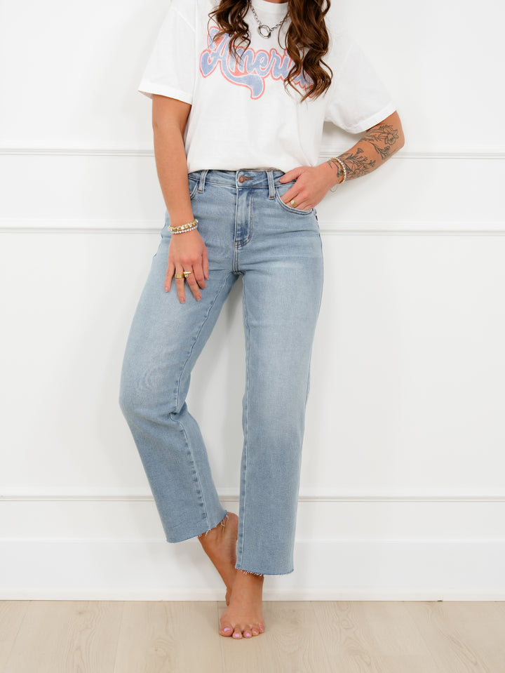 Judy Blue Mid Rise Medium Wash Straight Leg Ankle Jeans with Bandana Loop
