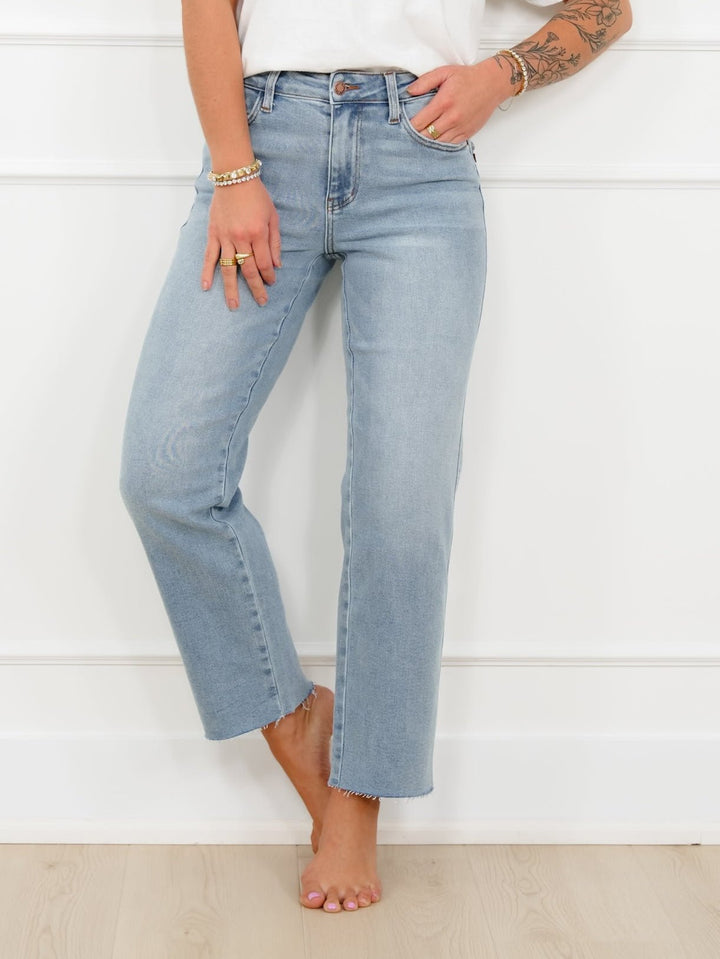 Judy Blue Mid Rise Medium Wash Straight Leg Ankle Jeans with Bandana Loop - Freckled Poppy