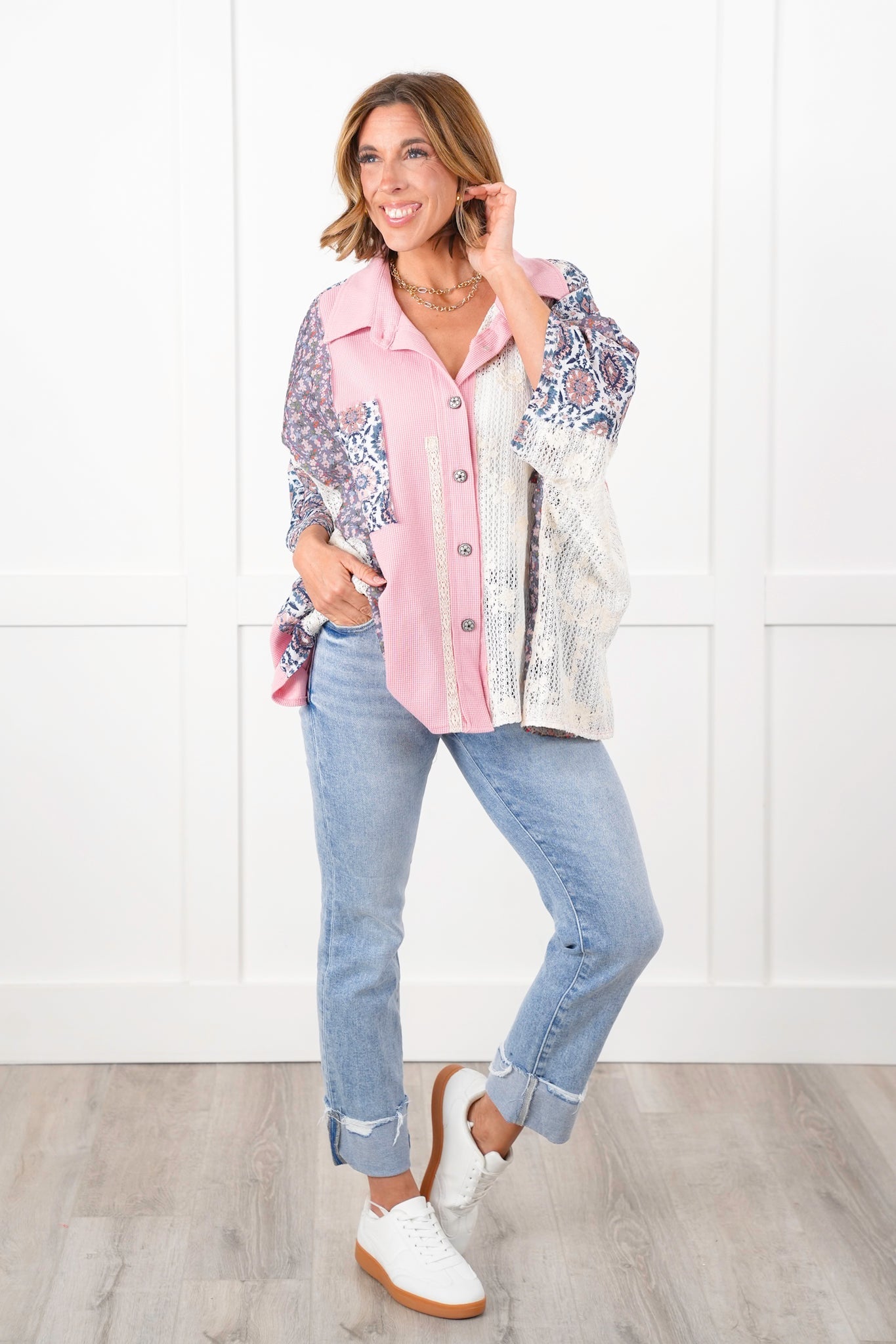 POL Thermal Long Dolman Sleeve Button Down Top with Contrast Print Detail