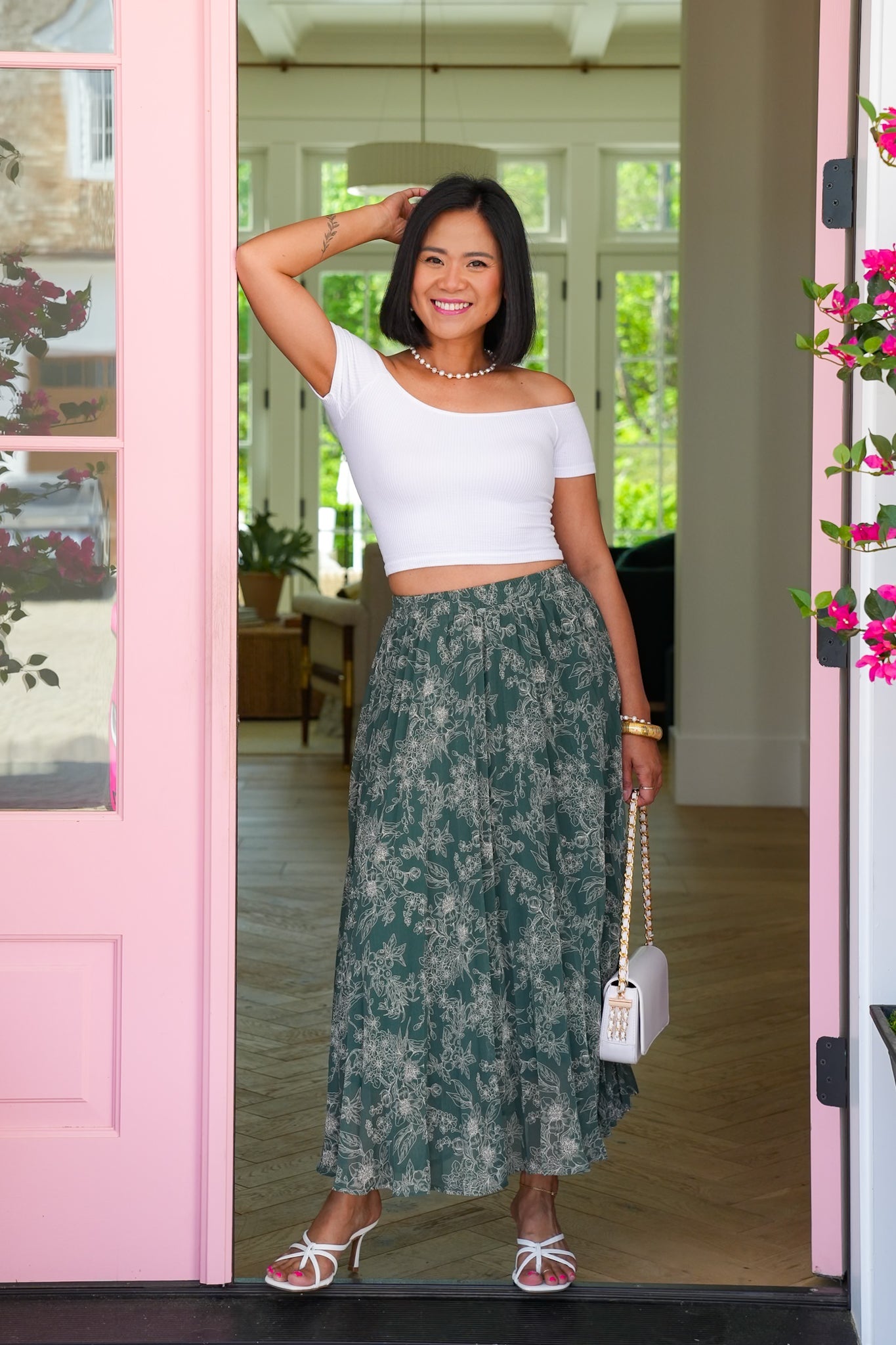 Green Floral Elastic Waist Pleated Long Skirt