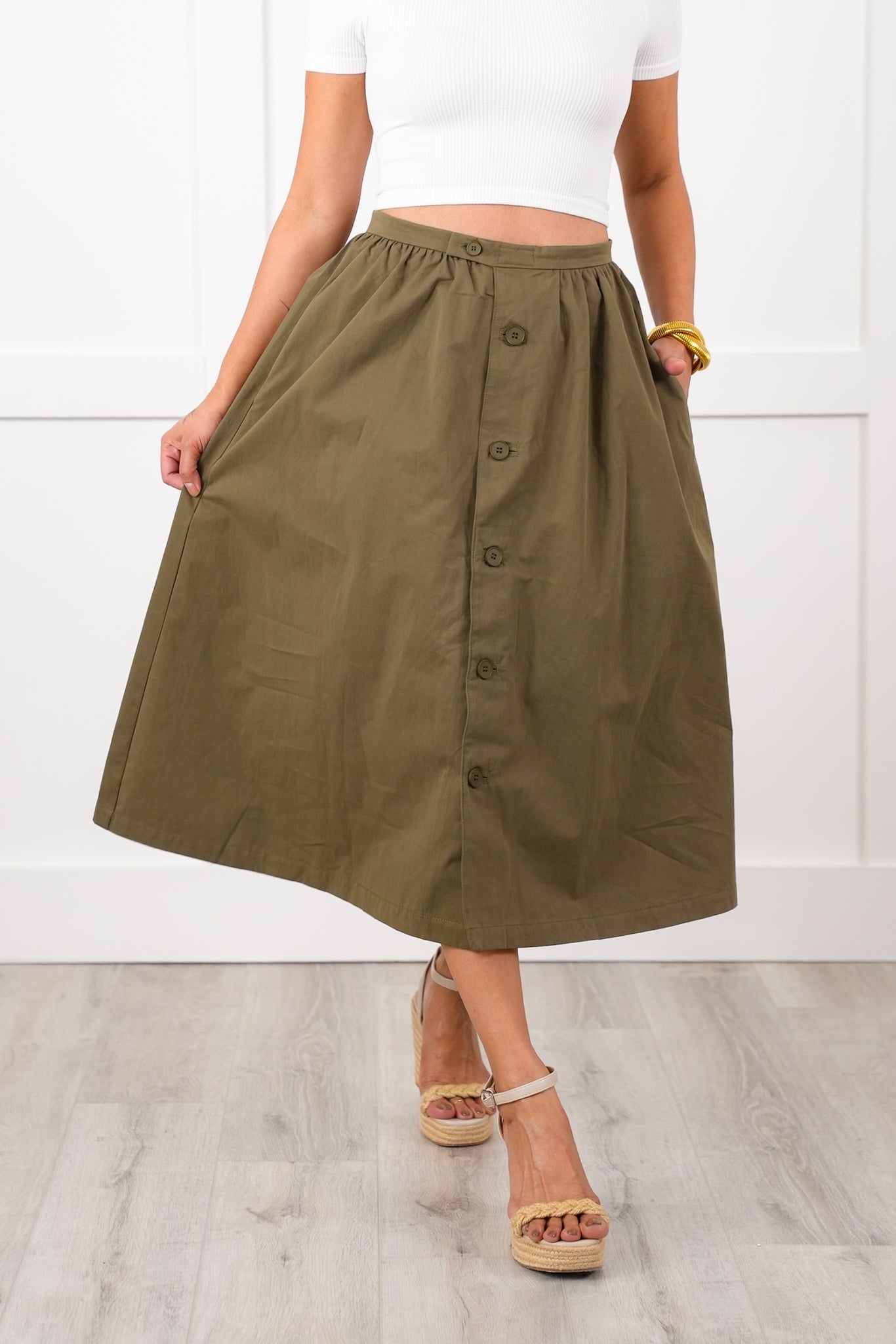 Olive Poplin Button Down Skirt with Side Pockets
