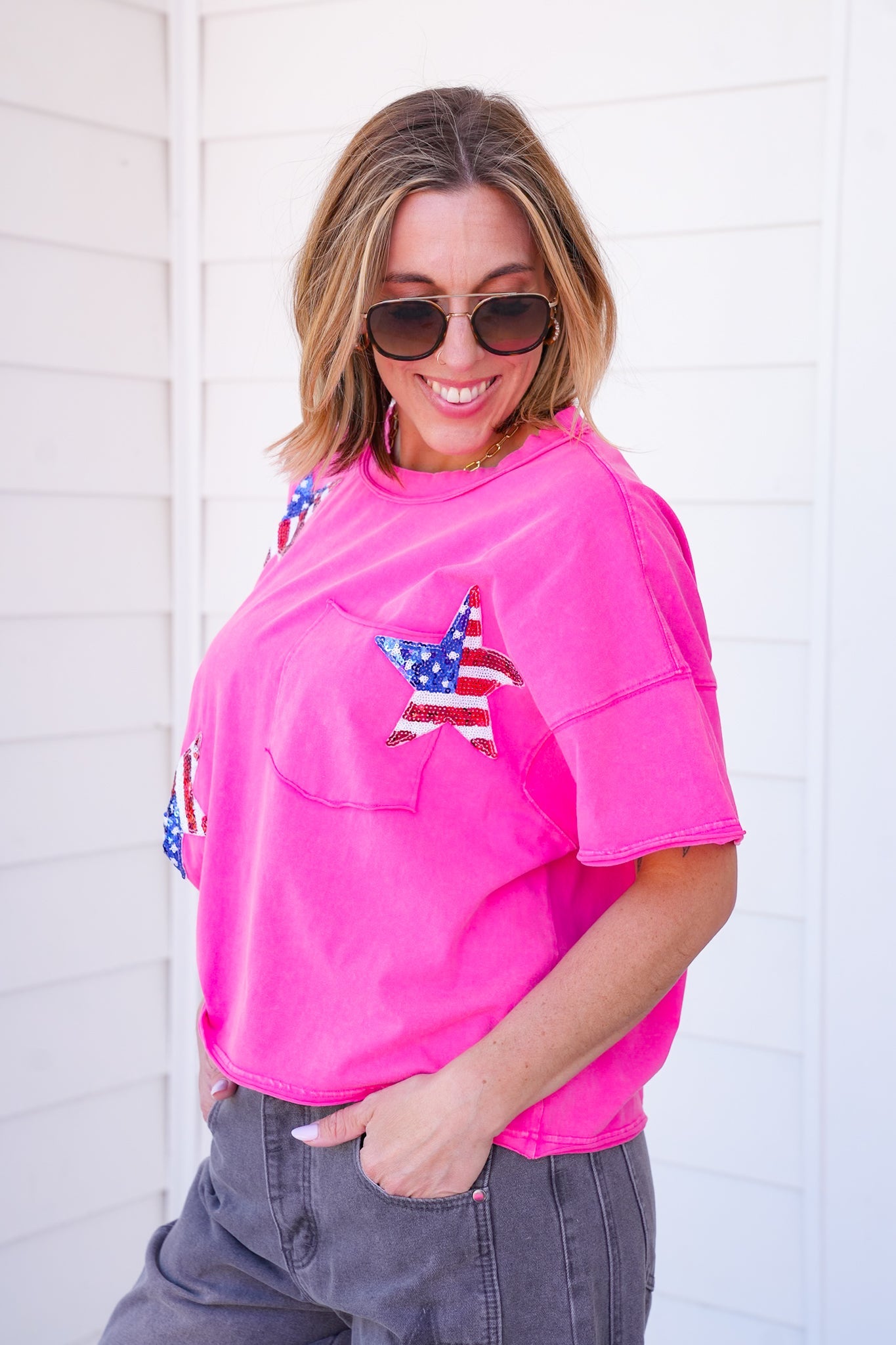 Plus/Reg Mineral Wash Short Sleeve Top with Sequin Star Patch Detail