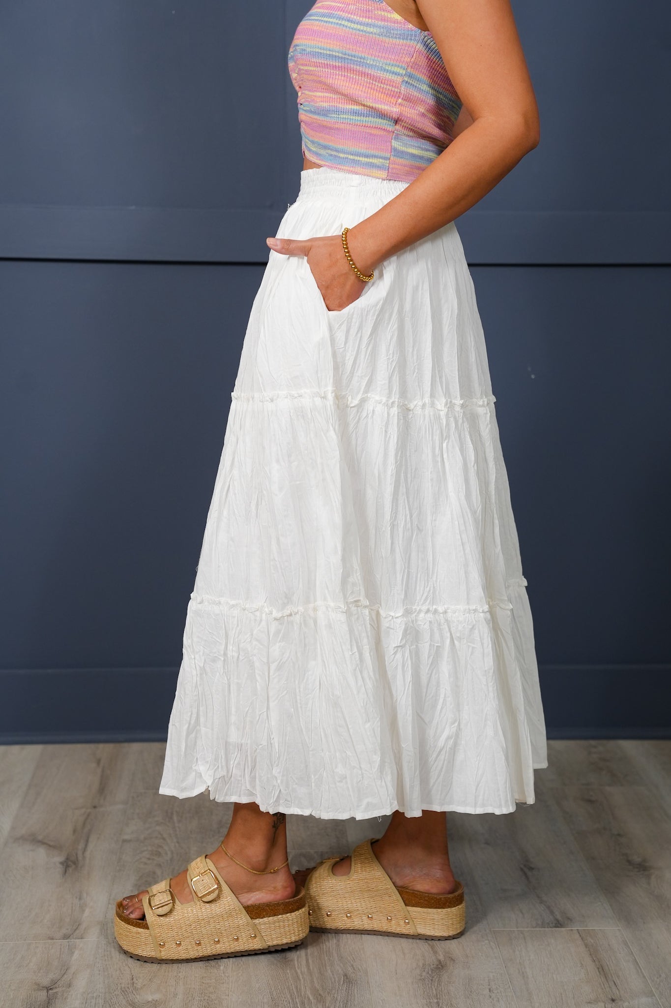 White Crinkle Elastic Waist Tiered Midi Skirt with Side Pockets