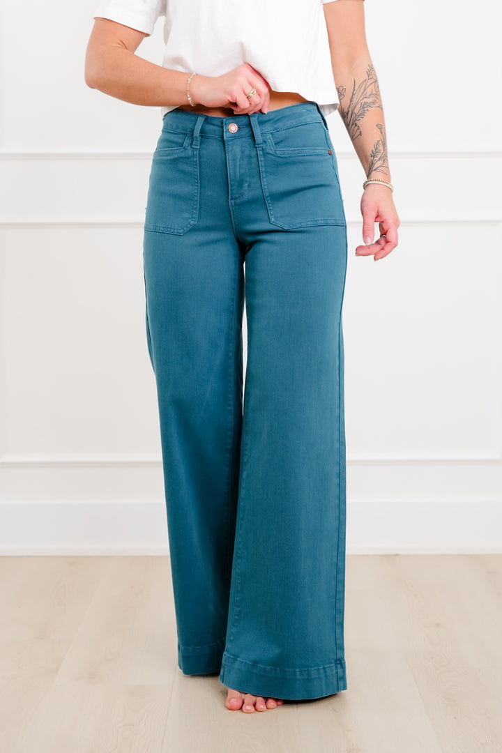 Judy Blue Mid Rise Teal Utility Pocket Wide Leg Jeans