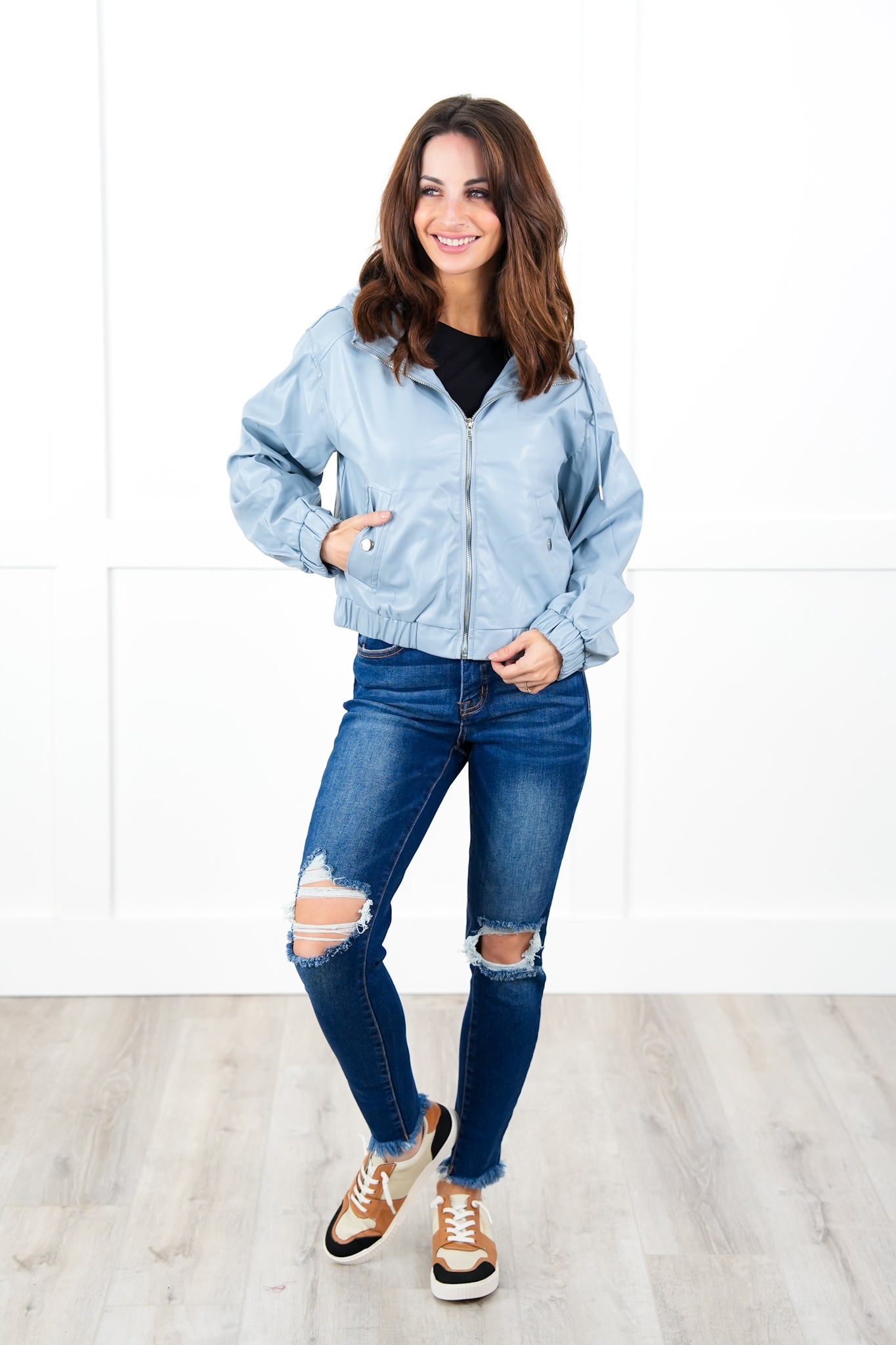 Poppy Day! Vegan Leather Long Sleeve Zip Up Hooded Jacket