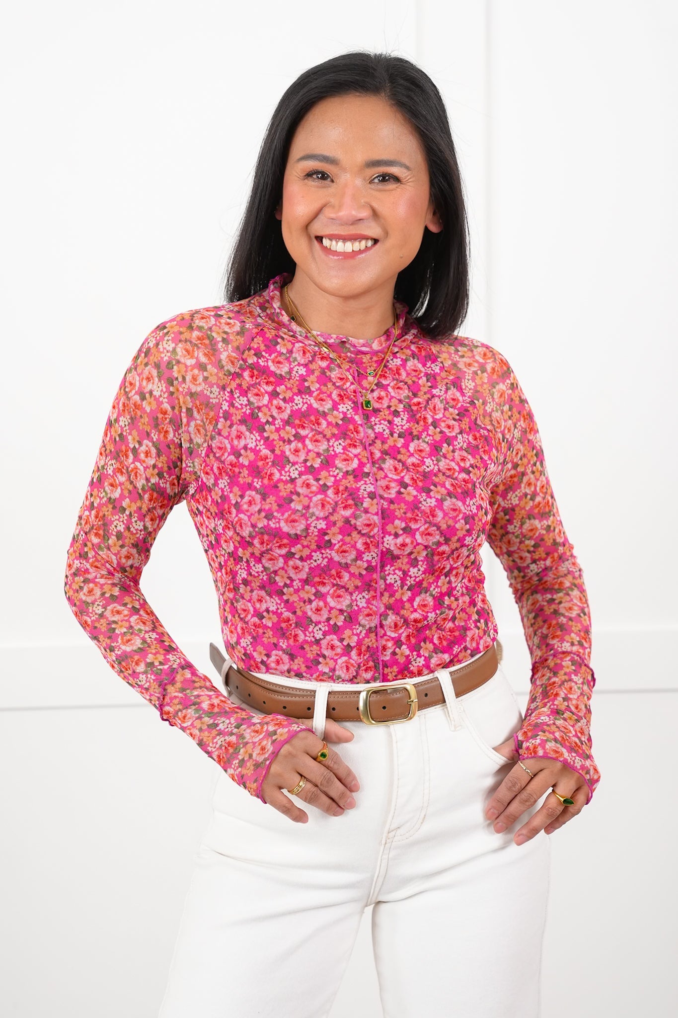 Restock! Plus/Reg Floral Mesh Long Sleeve Mock Neck Top
