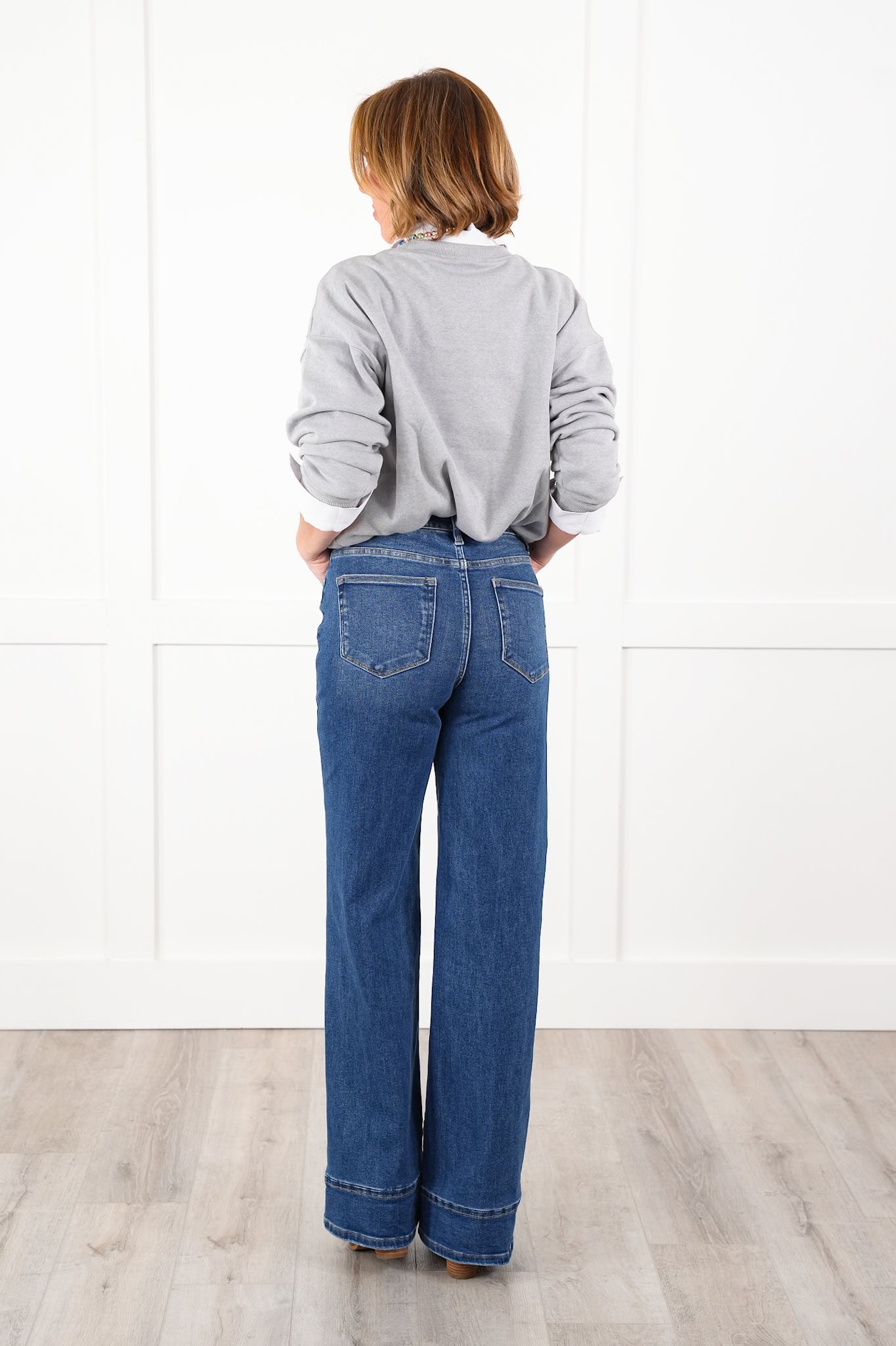 Risen High Rise Dark Wash Tummy Control Wide Leg Long Inseam Cuffed Jeans